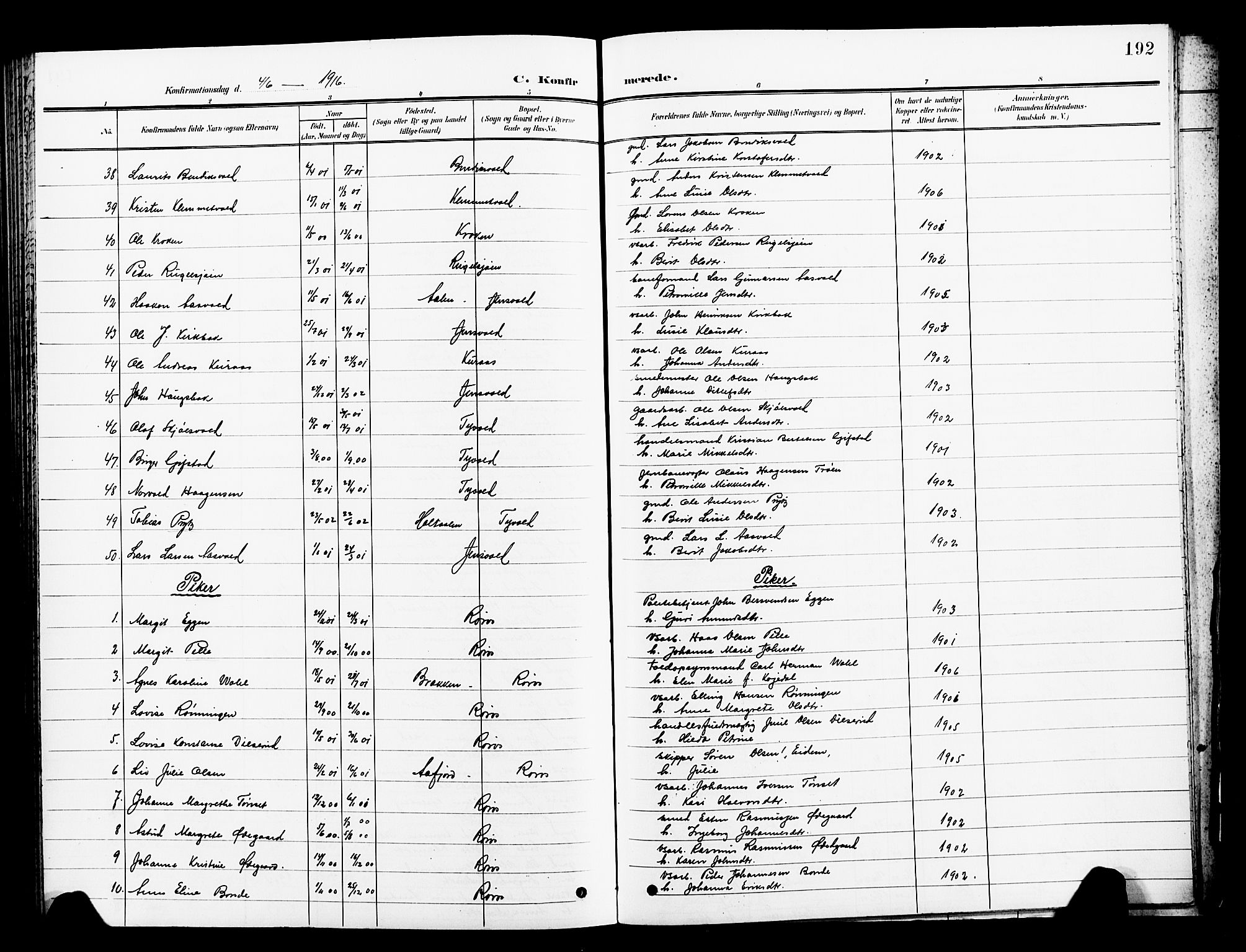 Ministerialprotokoller, klokkerbøker og fødselsregistre - Sør-Trøndelag, SAT/A-1456/681/L0942: Parish register (copy) no. 681C06, 1906-1925, p. 192