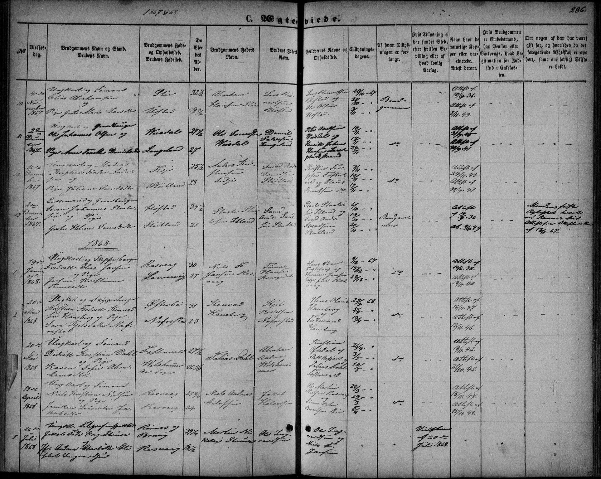 Flekkefjord sokneprestkontor, AV/SAK-1111-0012/F/Fb/Fbb/L0003: Parish register (copy) no. B 3, 1867-1889, p. 286