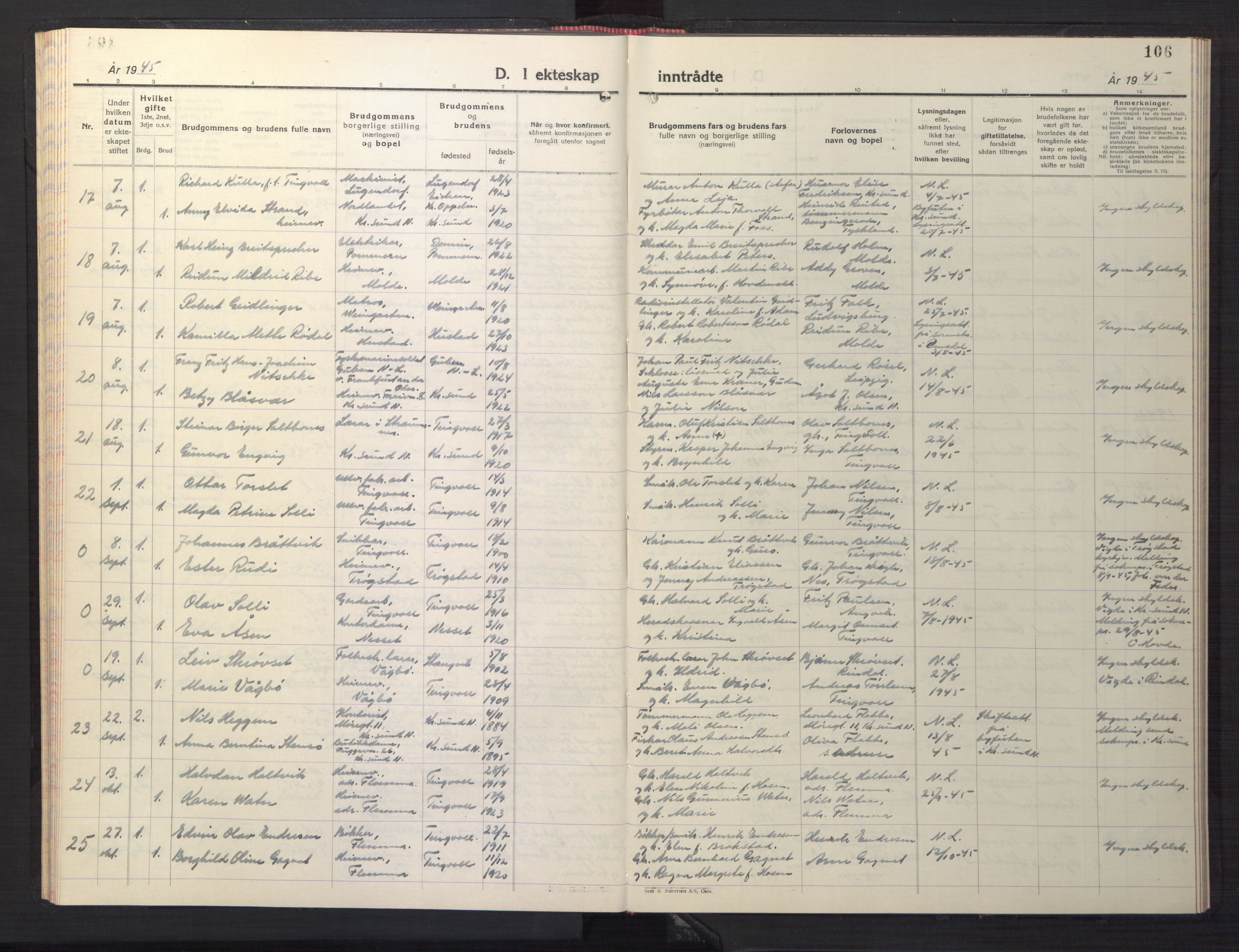 Ministerialprotokoller, klokkerbøker og fødselsregistre - Møre og Romsdal, AV/SAT-A-1454/586/L0996: Parish register (copy) no. 586C07, 1944-1949, p. 106