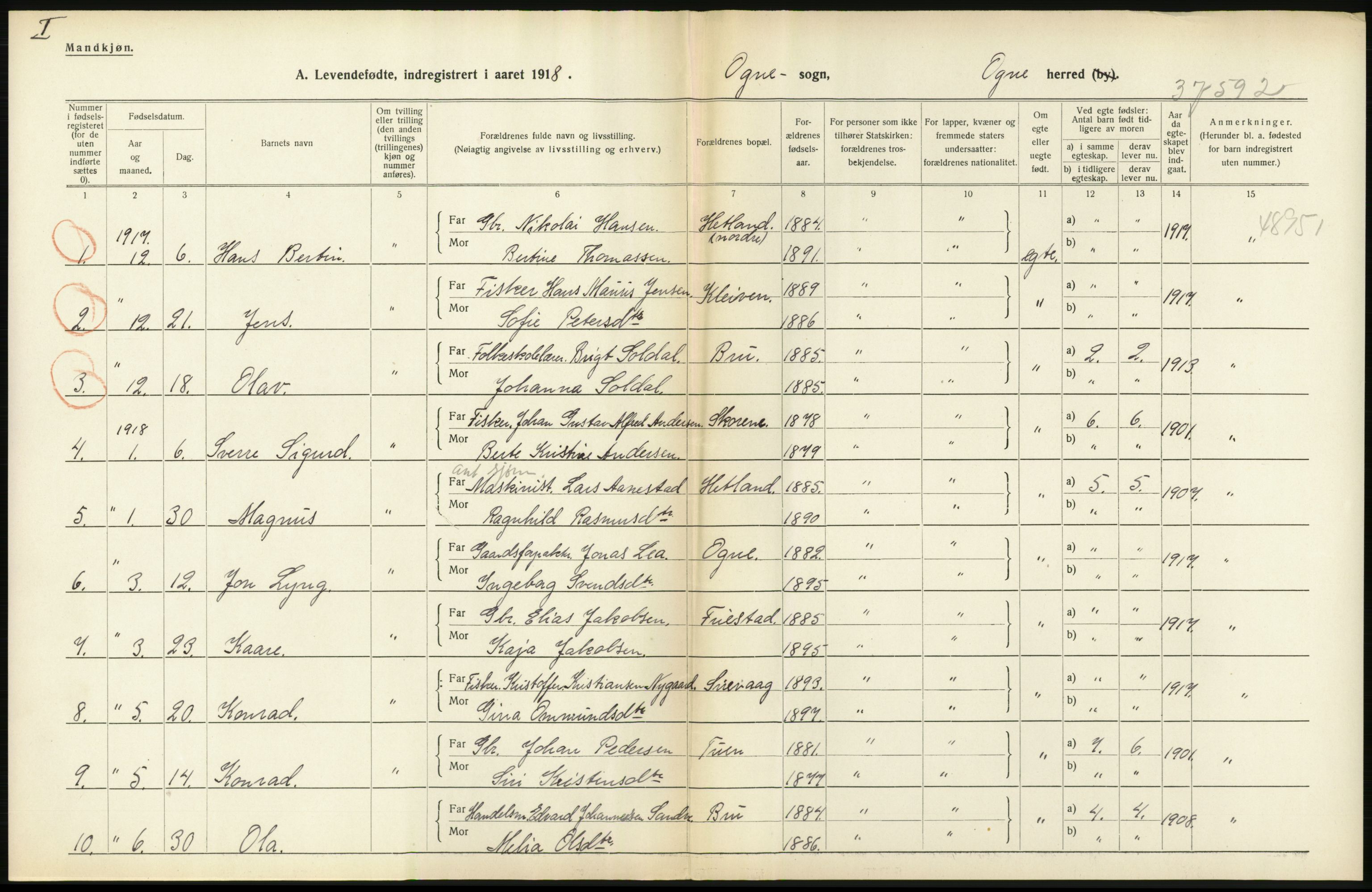 Statistisk sentralbyrå, Sosiodemografiske emner, Befolkning, RA/S-2228/D/Df/Dfb/Dfbh/L0031: Rogaland fylke: Levendefødte menn og kvinner. Bygder., 1918