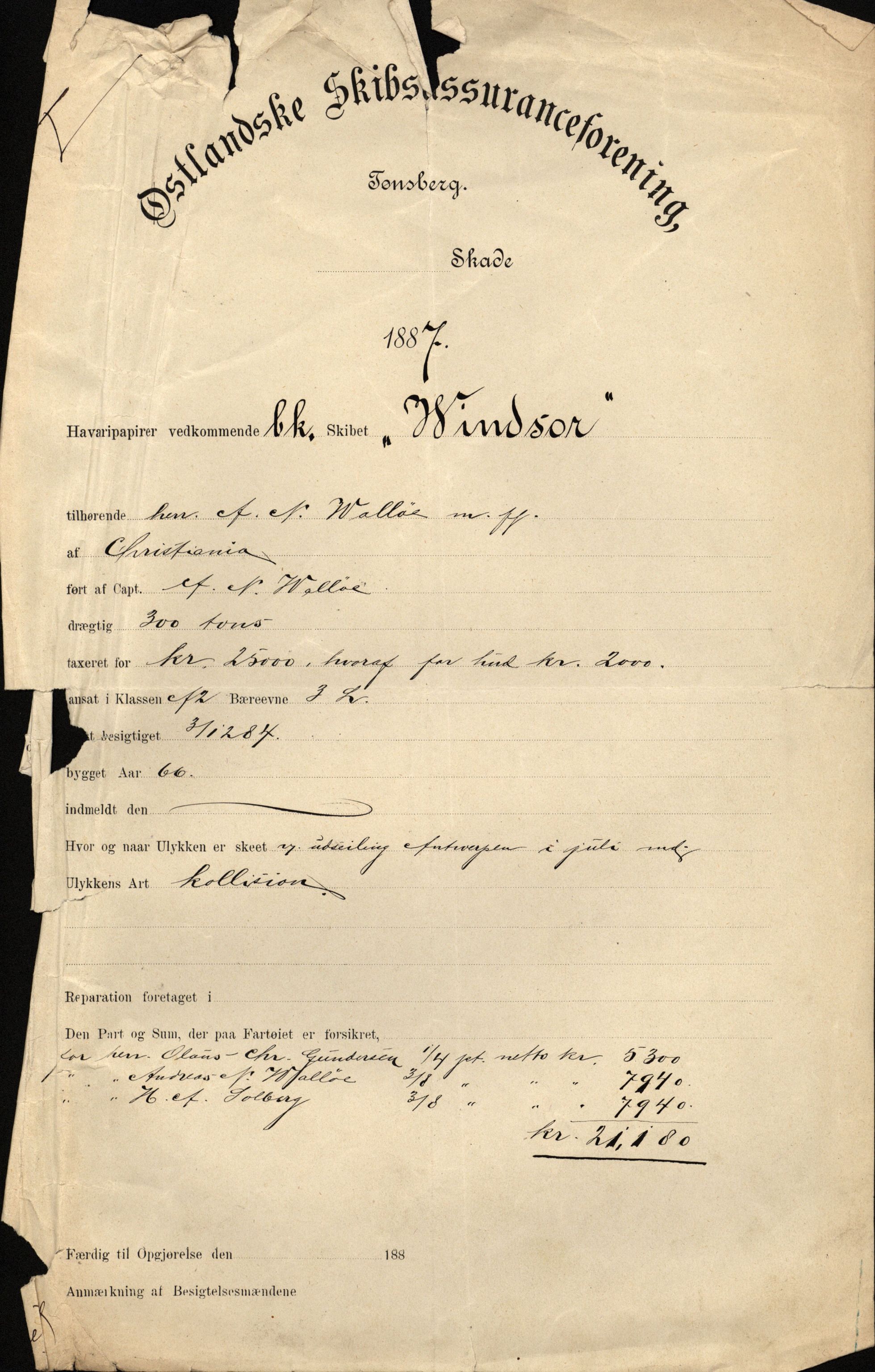 Pa 63 - Østlandske skibsassuranceforening, VEMU/A-1079/G/Ga/L0020/0004: Havaridokumenter / Windsor, Thirza, Treport, 1887, p. 3