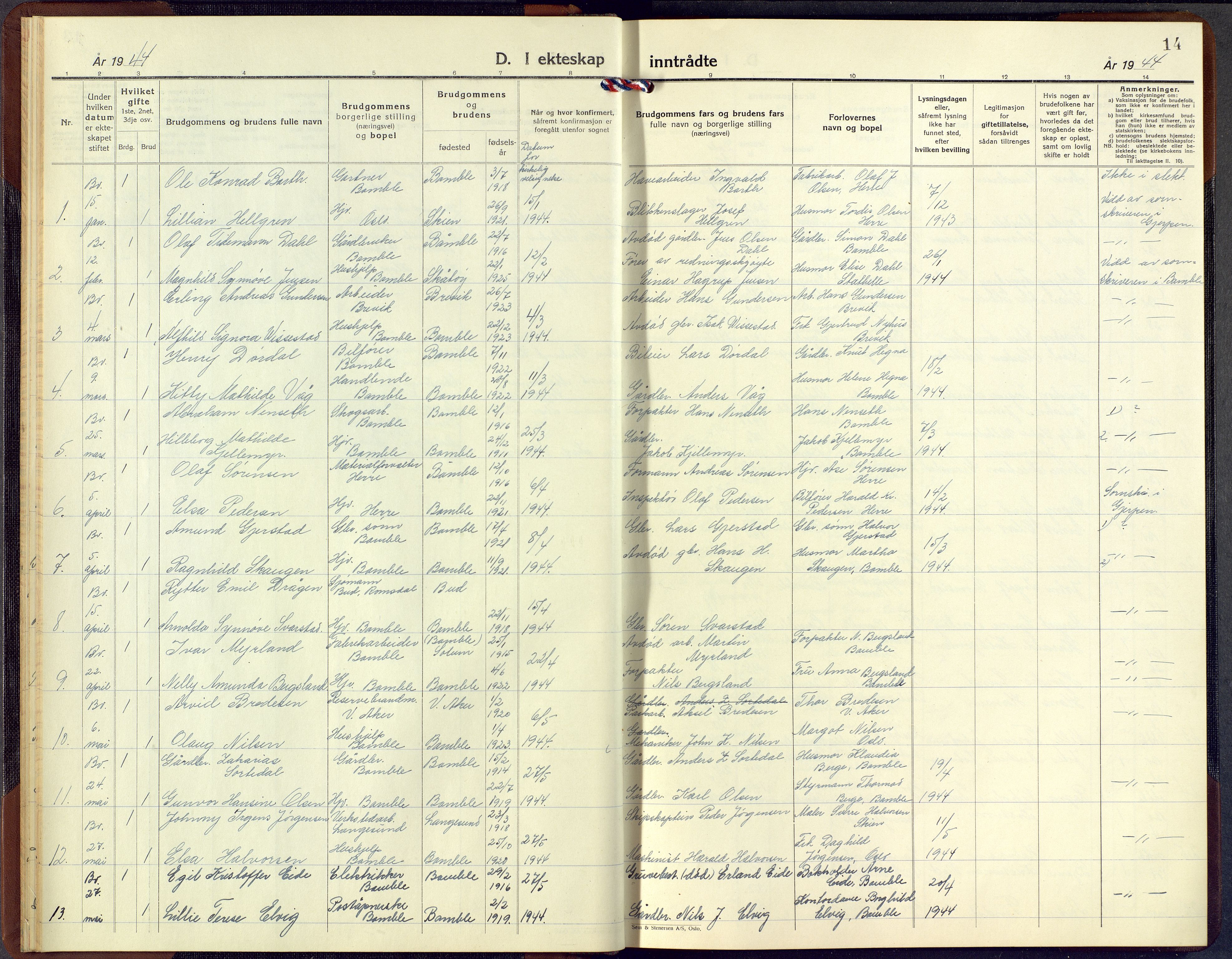 Bamble kirkebøker, SAKO/A-253/G/Ga/L0013: Parish register (copy) no. I 13, 1941-1949, p. 14