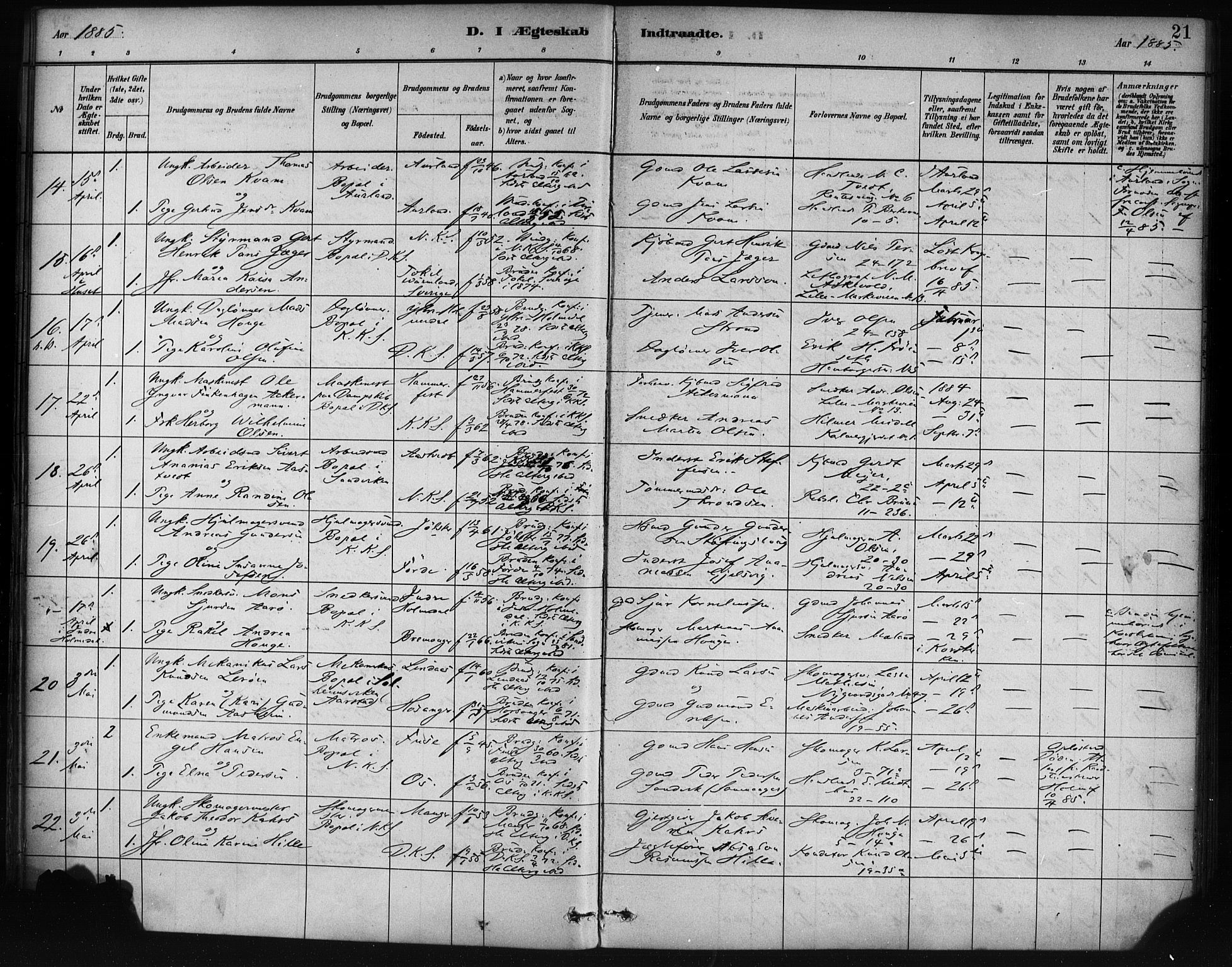 Korskirken sokneprestembete, AV/SAB-A-76101/H/Haa/L0037: Parish register (official) no. D 4, 1883-1904, p. 21