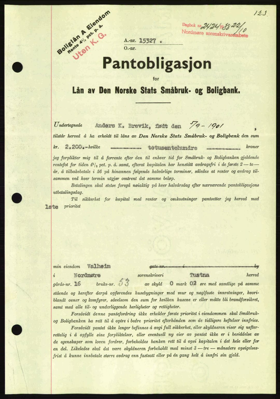 Nordmøre sorenskriveri, SAT/A-4132/1/2/2Ca: Mortgage book no. B84, 1938-1939, Diary no: : 2424/1938