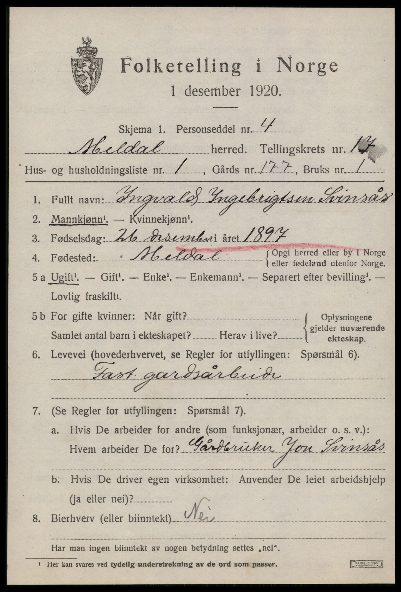 SAT, 1920 census for Meldal, 1920, p. 11129