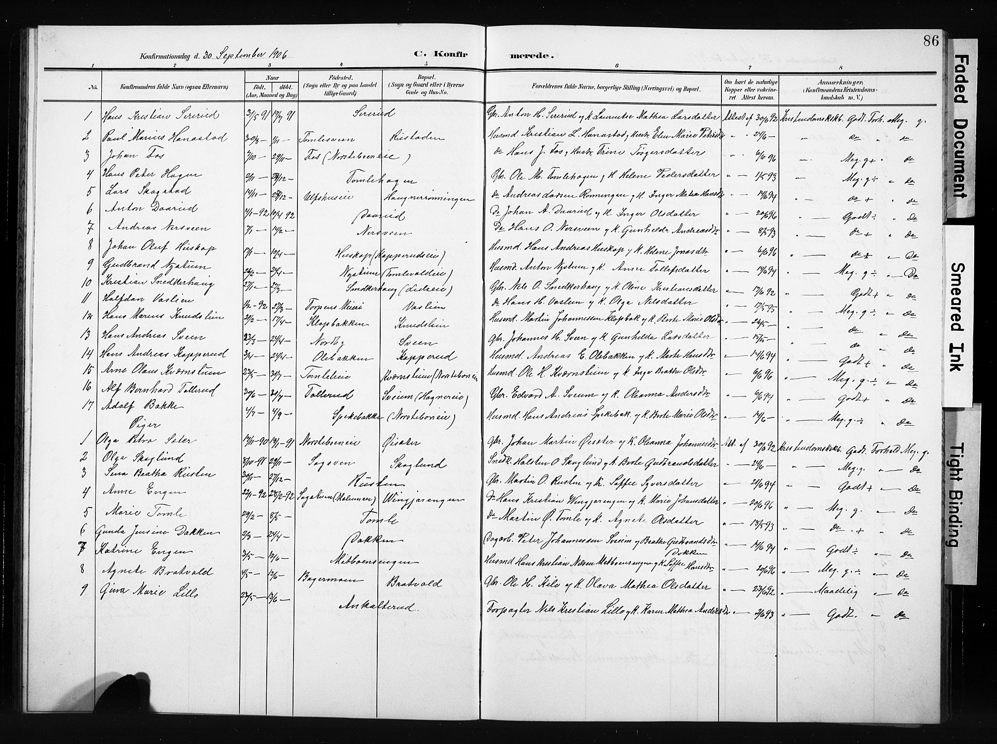 Nordre Land prestekontor, AV/SAH-PREST-124/H/Ha/Hab/L0006: Parish register (copy) no. 6, 1905-1929, p. 86