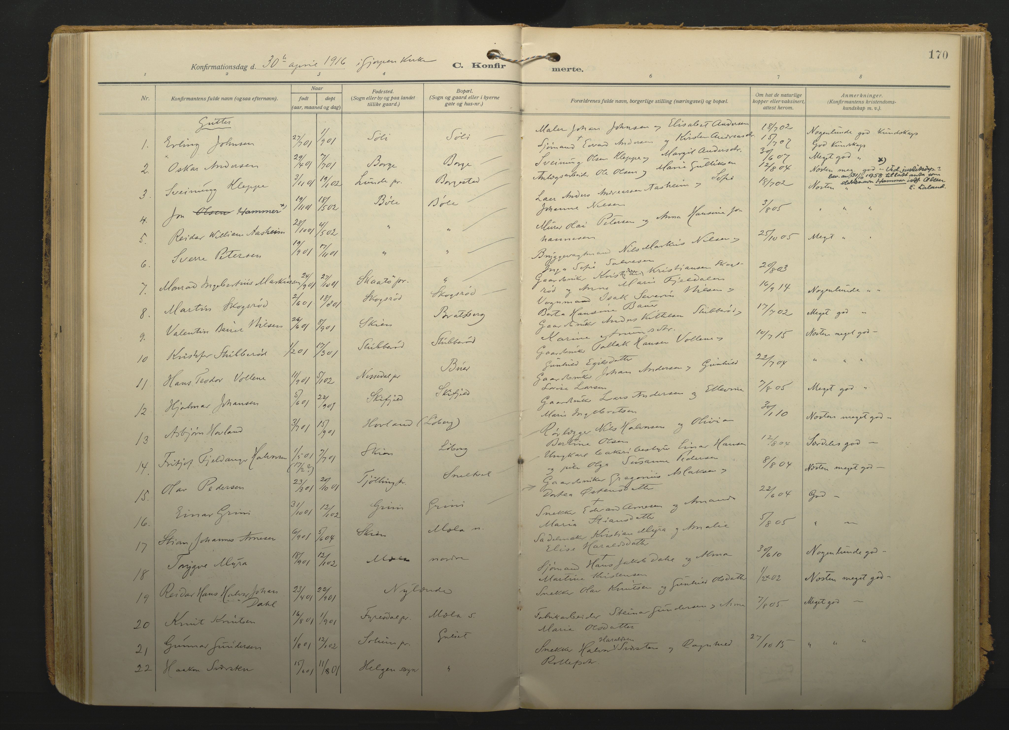 Gjerpen kirkebøker, SAKO/A-265/F/Fa/L0013: Parish register (official) no. I 13, 1914-1924, p. 170