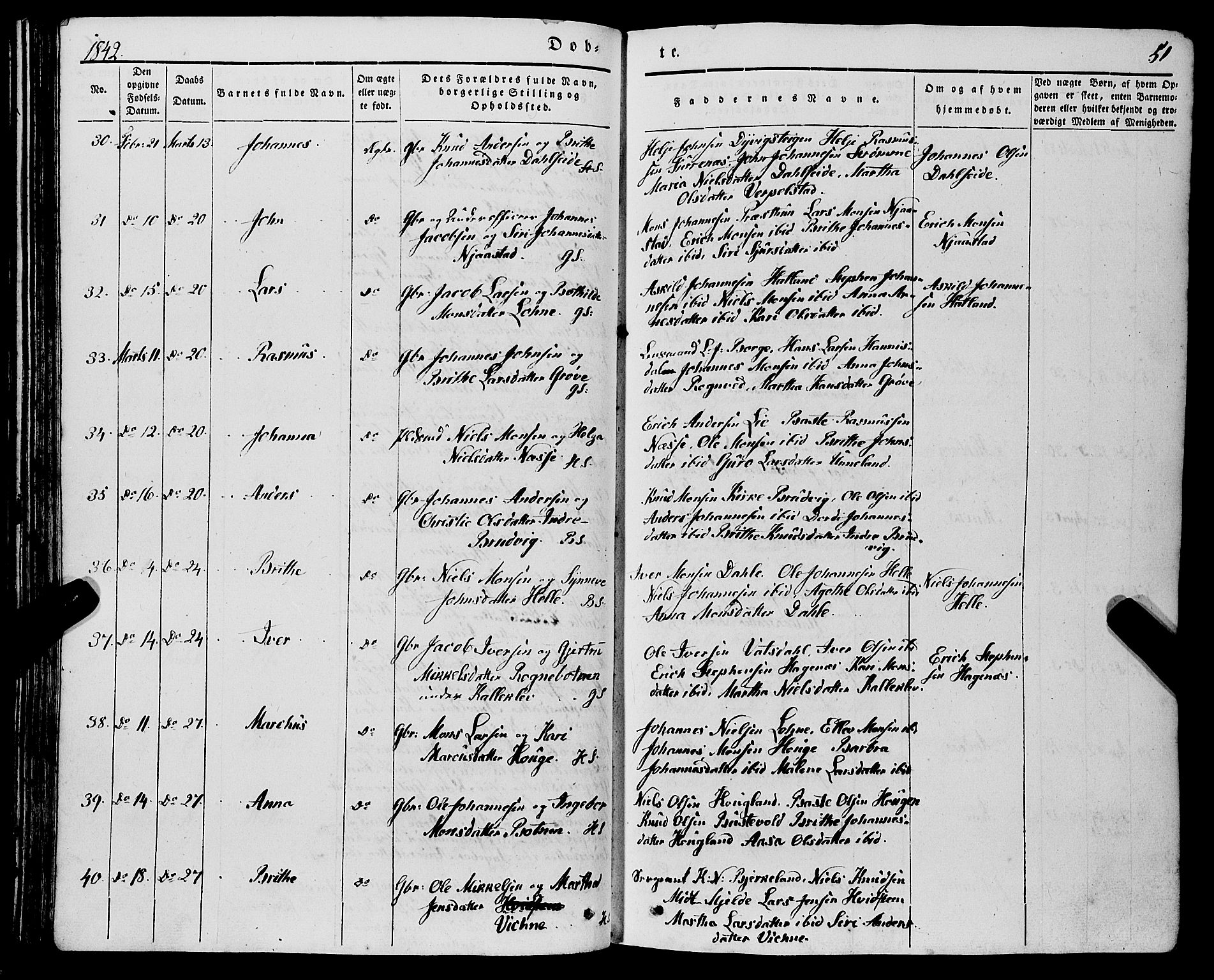 Haus sokneprestembete, SAB/A-75601/H/Haa: Parish register (official) no. A 15, 1838-1847, p. 51