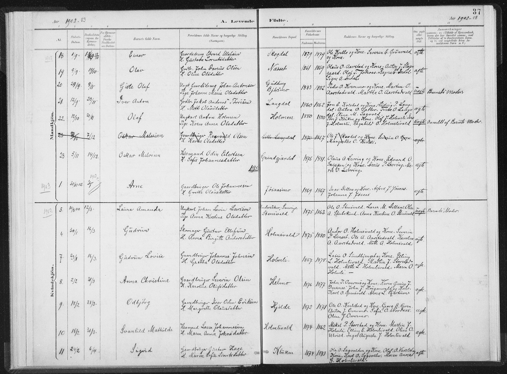 Ministerialprotokoller, klokkerbøker og fødselsregistre - Nord-Trøndelag, AV/SAT-A-1458/724/L0263: Parish register (official) no. 724A01, 1891-1907, p. 37