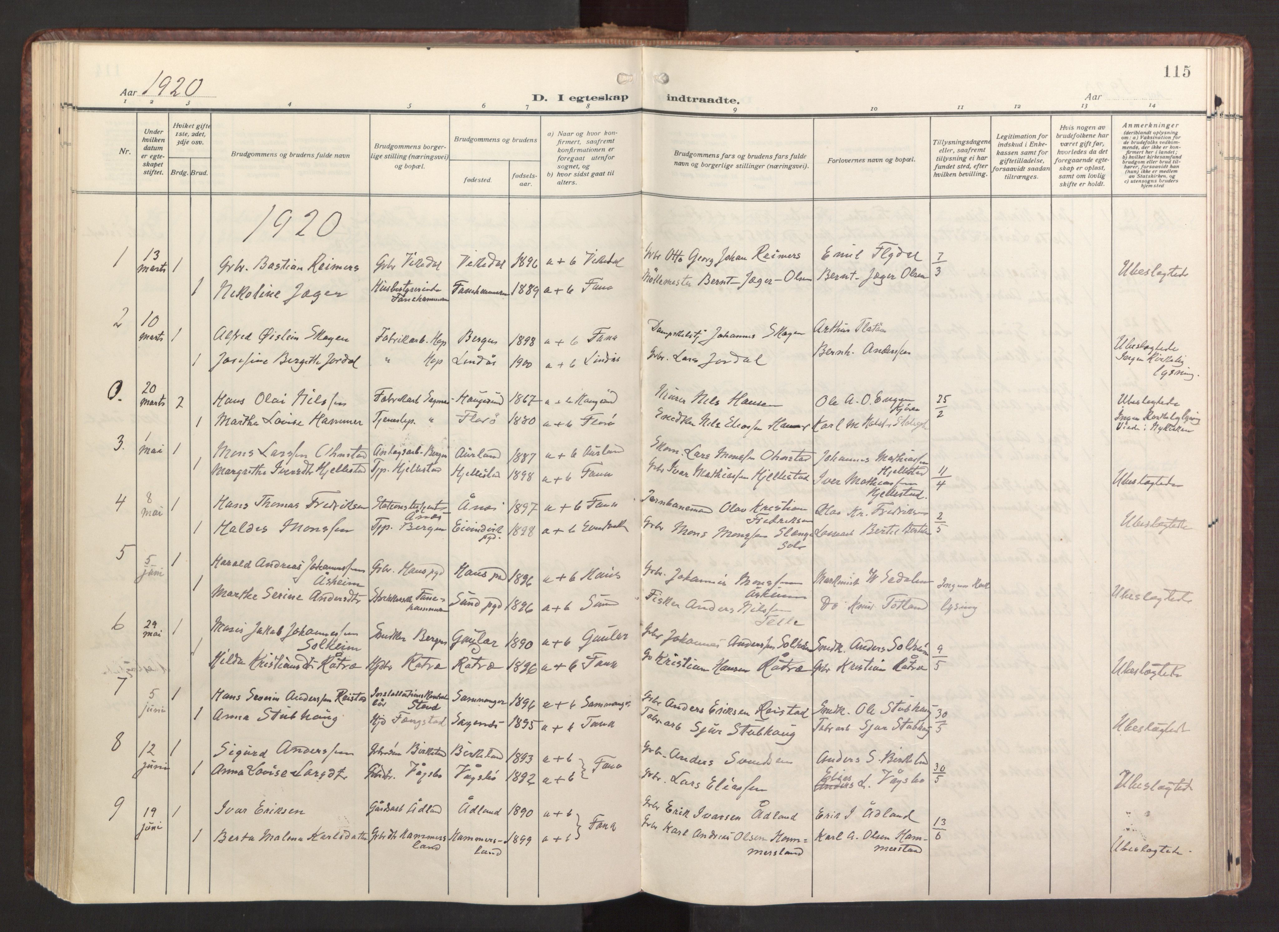 Fana Sokneprestembete, SAB/A-75101/H/Haa/Haab/L0005: Parish register (official) no. B 5, 1915-1923, p. 115