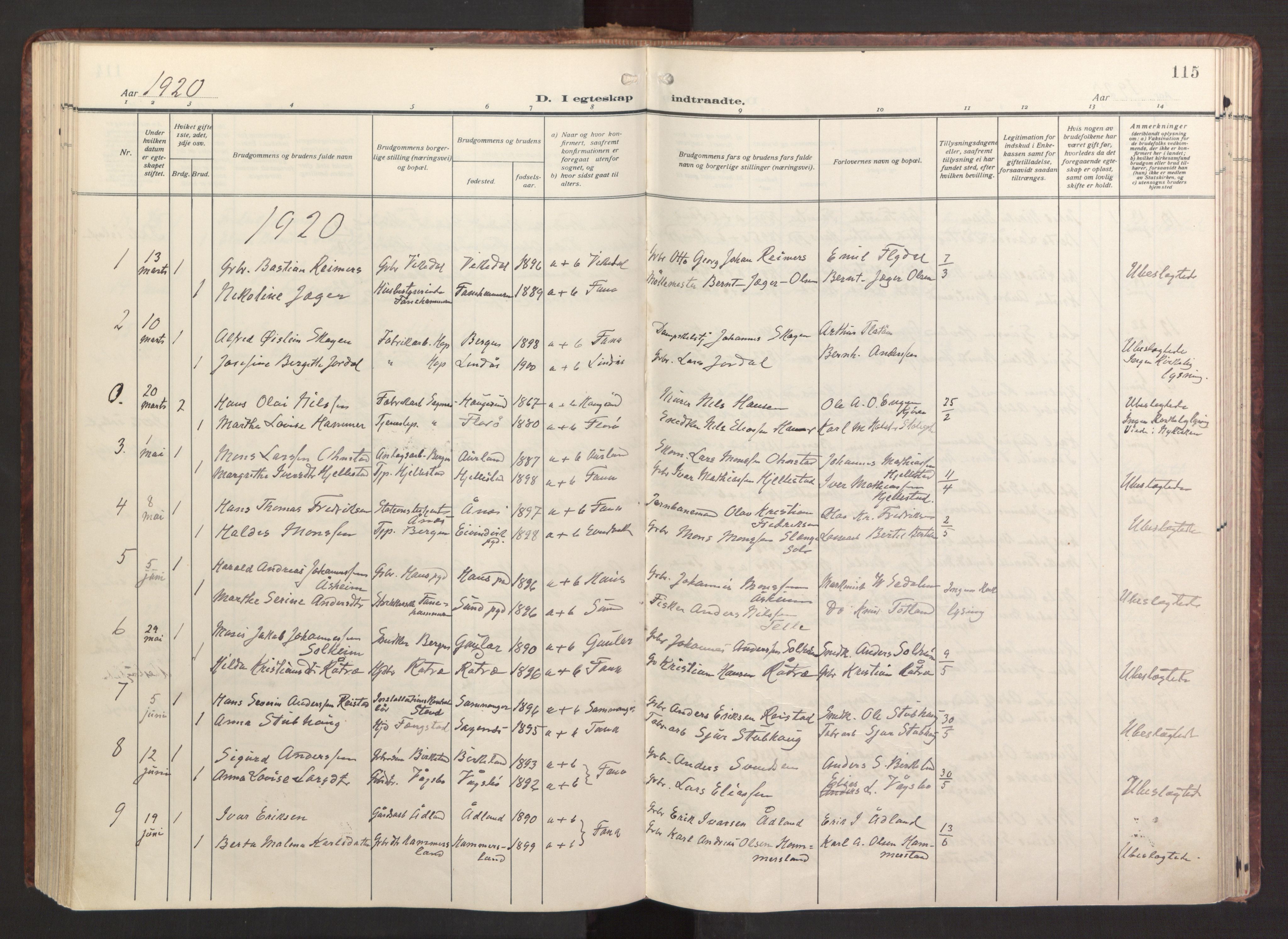 Fana Sokneprestembete, AV/SAB-A-75101/H/Haa/Haab/L0005: Parish register (official) no. B 5, 1915-1923, p. 115