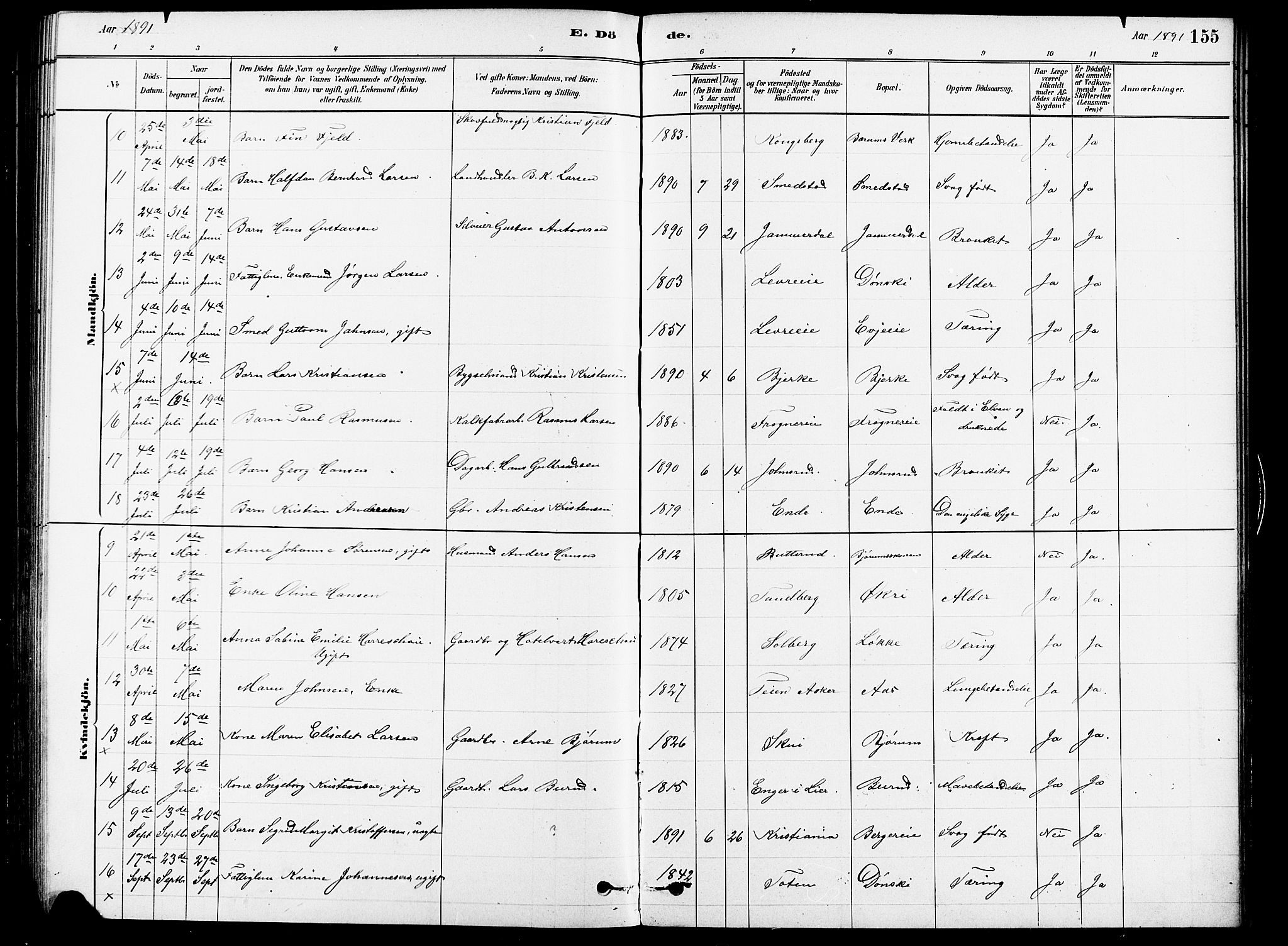 Asker prestekontor Kirkebøker, SAO/A-10256a/F/Fb/L0001: Parish register (official) no. II 1, 1879-1895, p. 155
