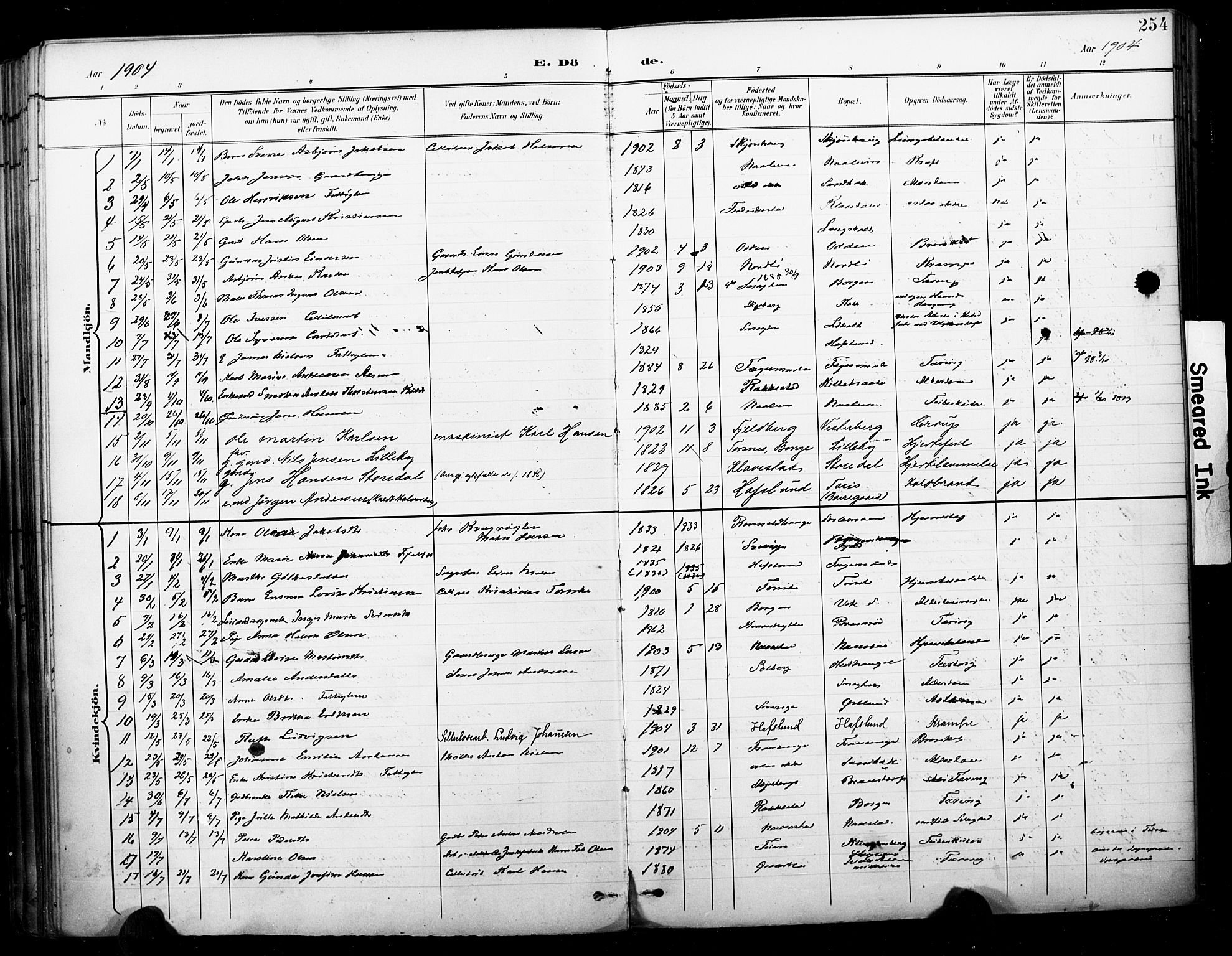 Skjeberg prestekontor Kirkebøker, SAO/A-10923/F/Fa/L0010: Parish register (official) no. I 10, 1898-1911, p. 254