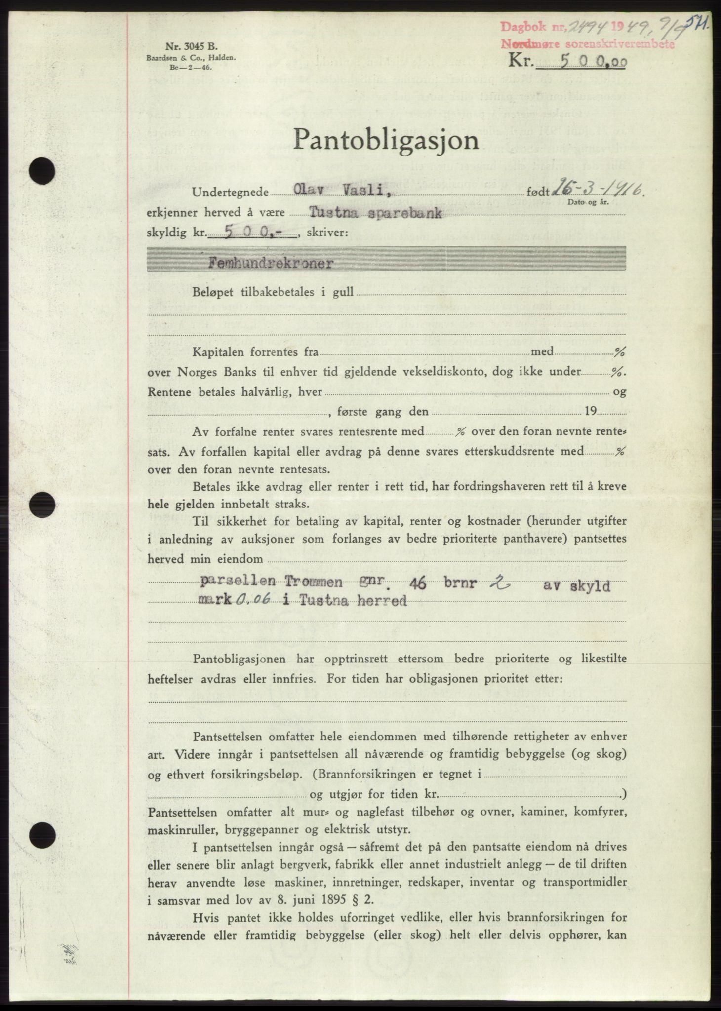 Nordmøre sorenskriveri, AV/SAT-A-4132/1/2/2Ca: Mortgage book no. B102, 1949-1949, Diary no: : 2494/1949