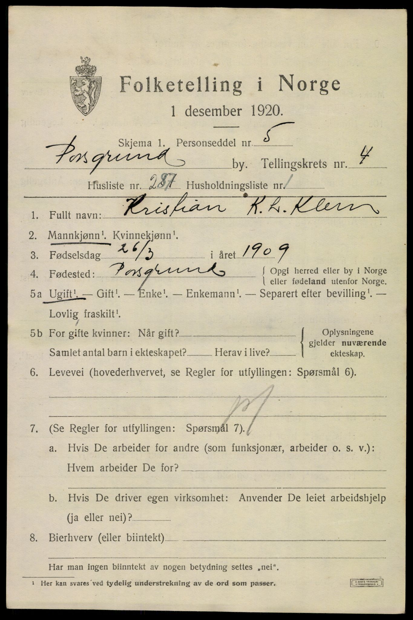 SAKO, 1920 census for Porsgrunn, 1920, p. 22337