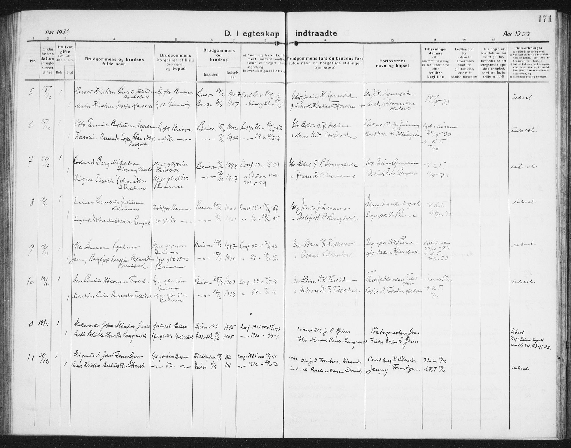 Ministerialprotokoller, klokkerbøker og fødselsregistre - Nordland, AV/SAT-A-1459/846/L0656: Parish register (copy) no. 846C06, 1917-1936, p. 171