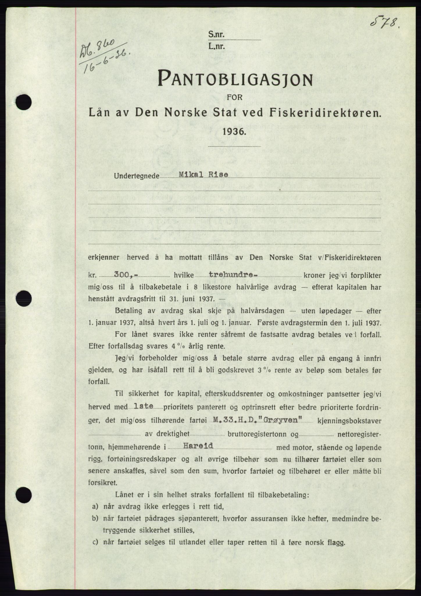 Søre Sunnmøre sorenskriveri, AV/SAT-A-4122/1/2/2C/L0060: Mortgage book no. 54, 1935-1936, Deed date: 16.06.1936