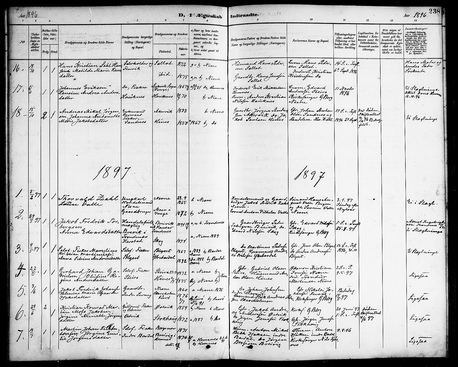 Ministerialprotokoller, klokkerbøker og fødselsregistre - Nordland, SAT/A-1459/838/L0559: Parish register (copy) no. 838C06, 1893-1910, p. 238