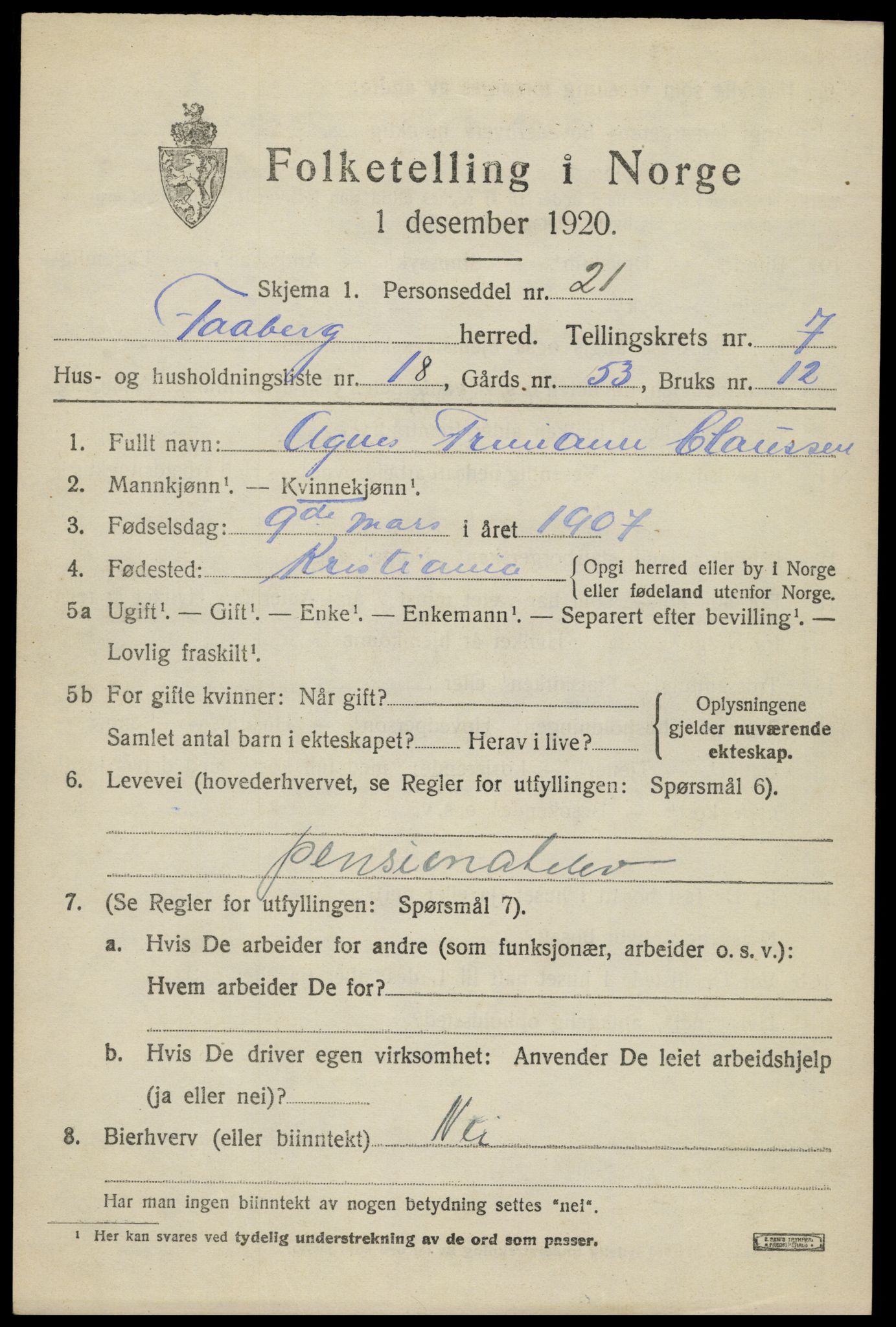 SAH, 1920 census for Fåberg, 1920, p. 8110