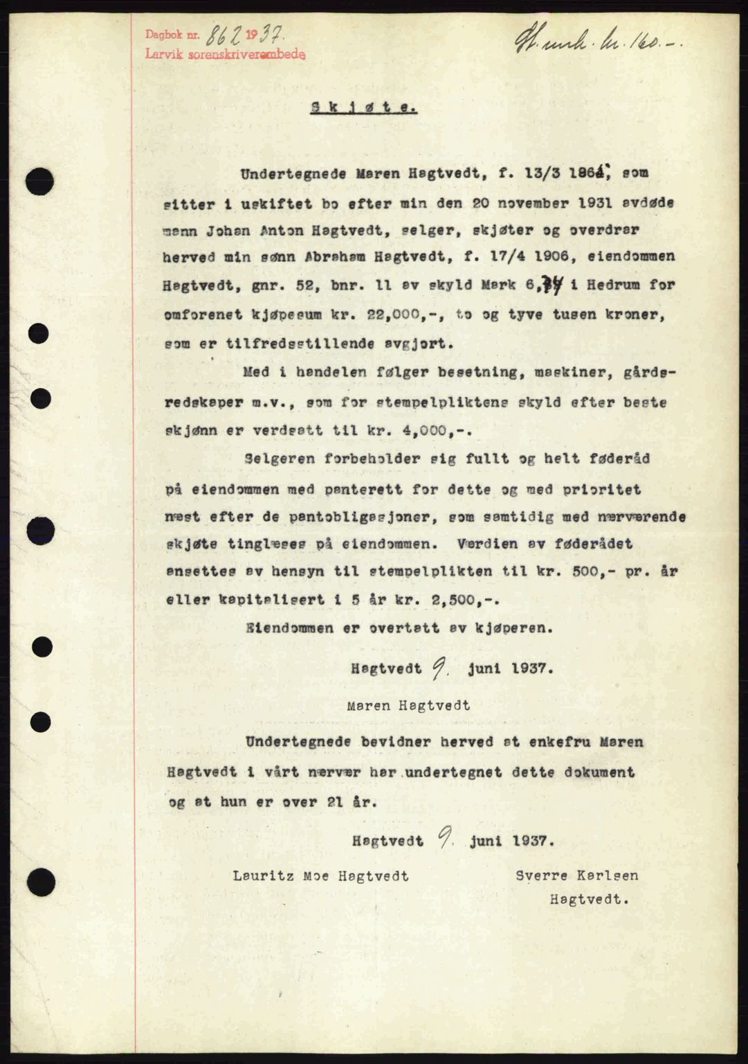 Larvik sorenskriveri, SAKO/A-83/G/Ga/Gab/L0067: Mortgage book no. A-1, 1936-1937, Diary no: : 862/1937