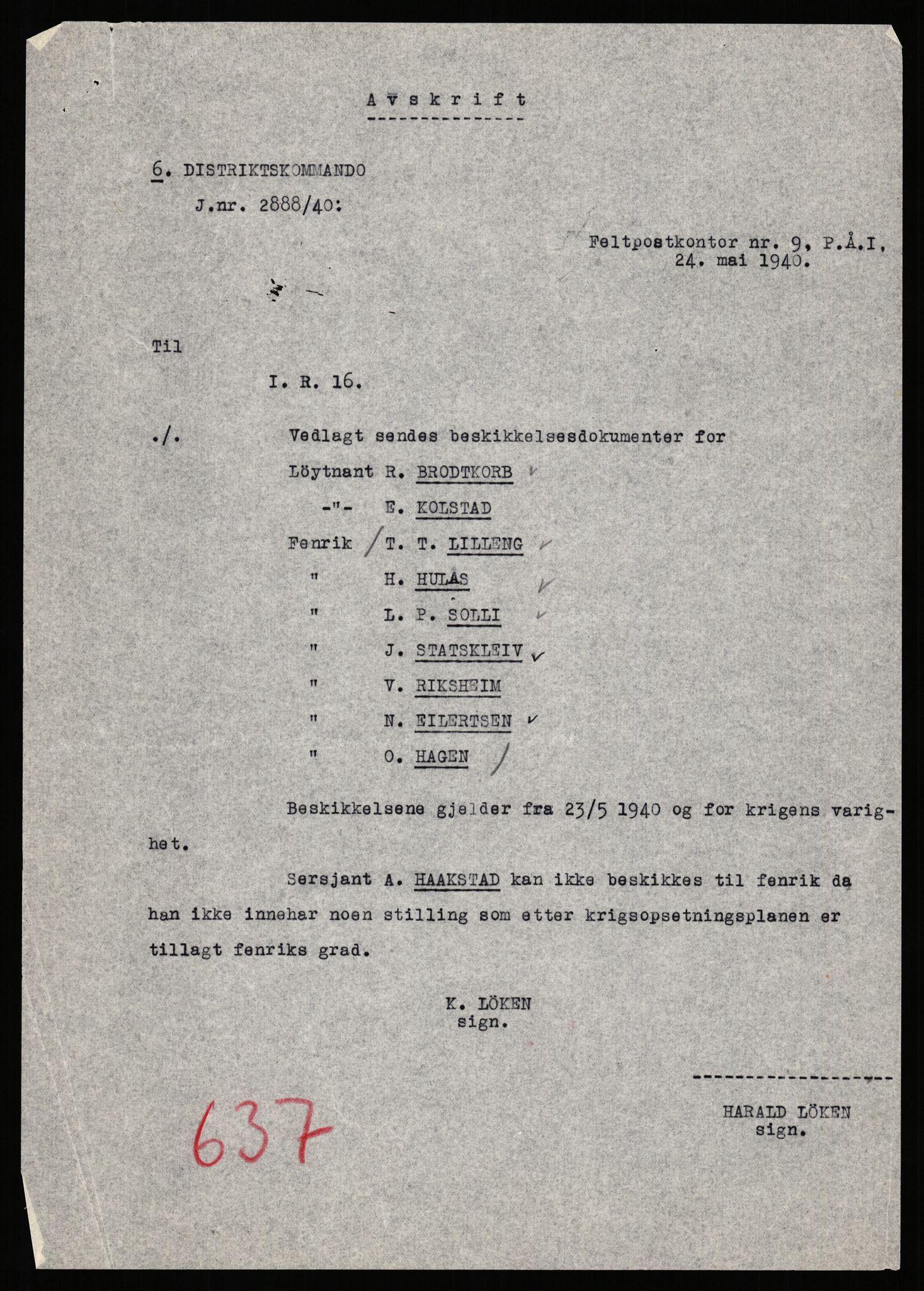 Forsvaret, Forsvarets krigshistoriske avdeling, AV/RA-RAFA-2017/Y/Yb/L0149: II-C-11-632-637  -  6. Divisjon, 1940, p. 1033