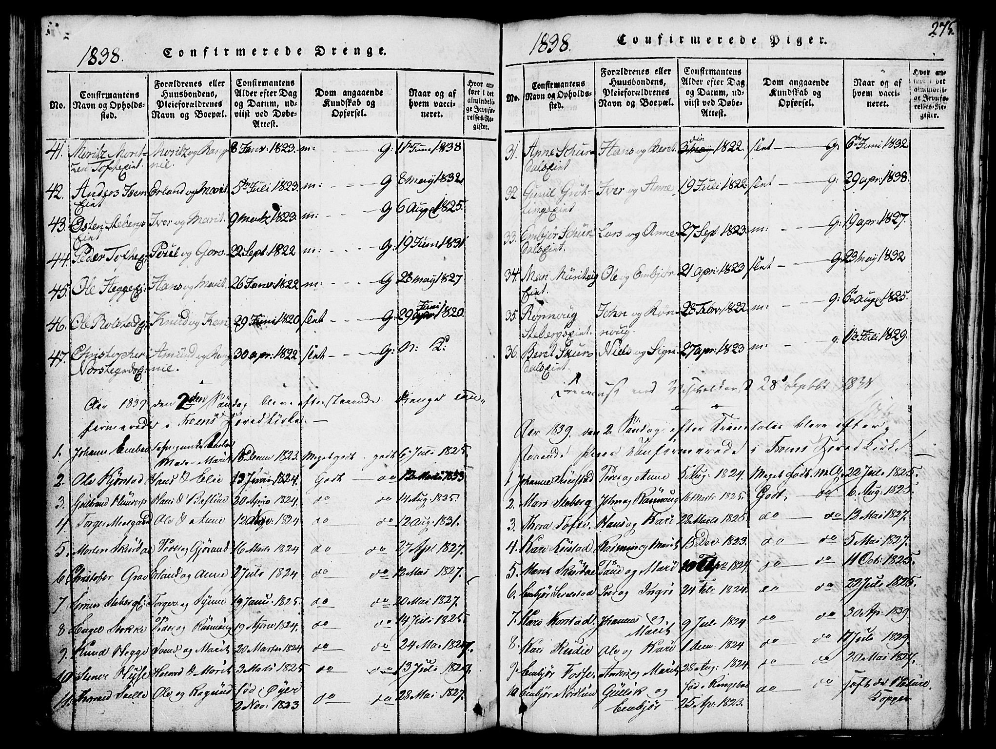 Fron prestekontor, SAH/PREST-078/H/Ha/Hab/L0001: Parish register (copy) no. 1, 1816-1843, p. 275