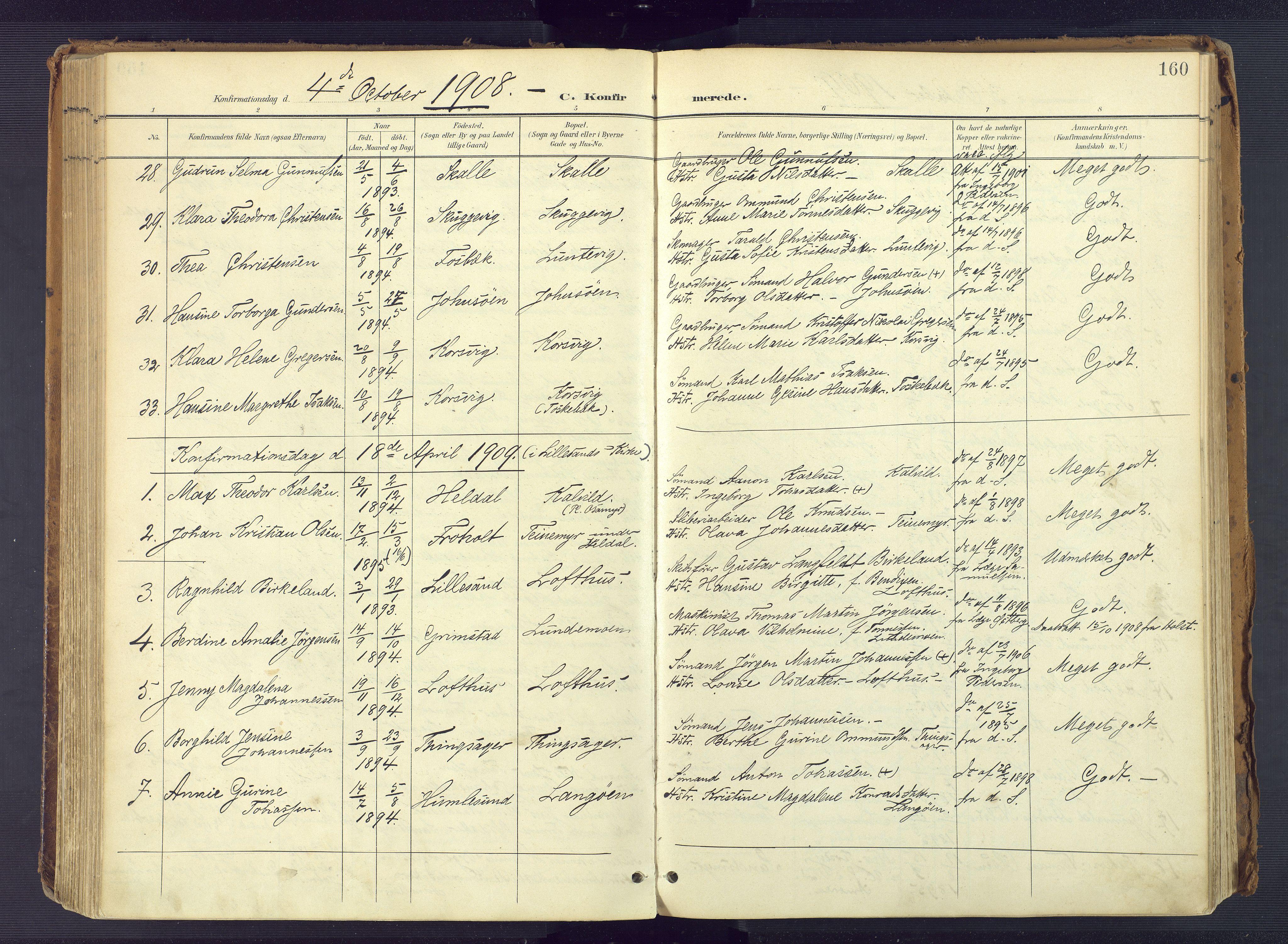 Vestre Moland sokneprestkontor, SAK/1111-0046/F/Fa/Fab/L0010: Parish register (official) no. A 10, 1900-1926, p. 160