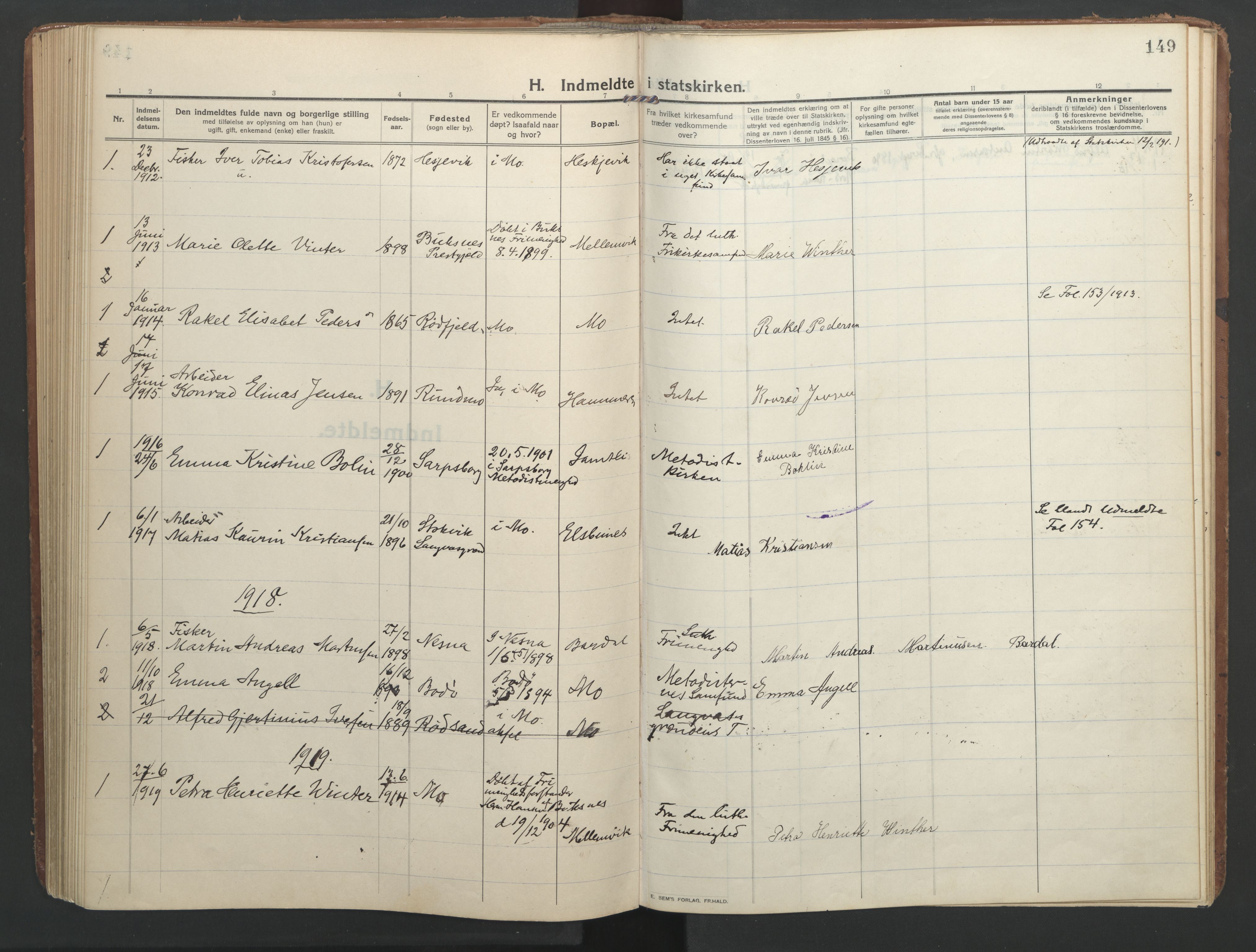 Ministerialprotokoller, klokkerbøker og fødselsregistre - Nordland, SAT/A-1459/827/L0405: Parish register (official) no. 827A17, 1912-1925, p. 149