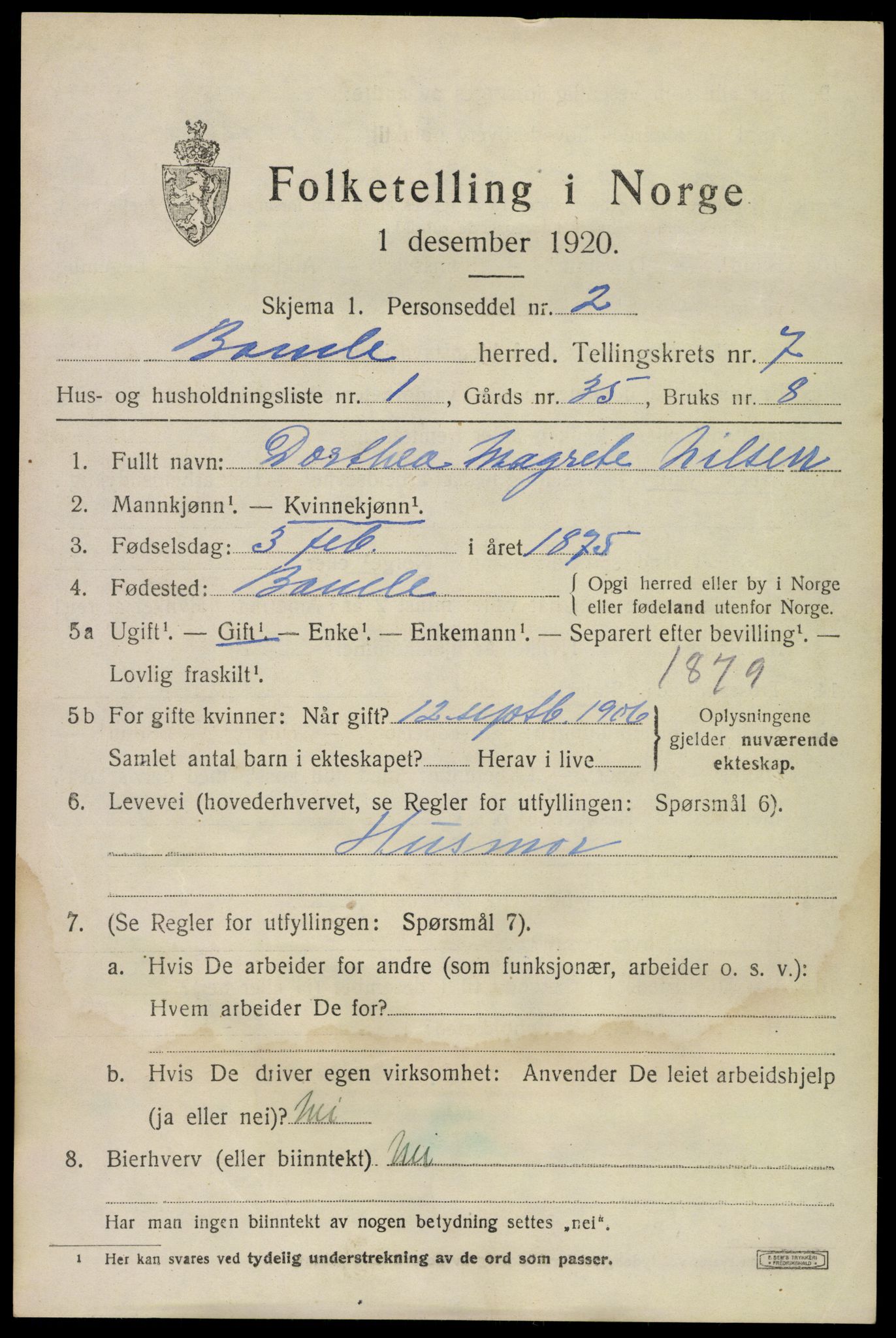 SAKO, 1920 census for Bamble, 1920, p. 6913