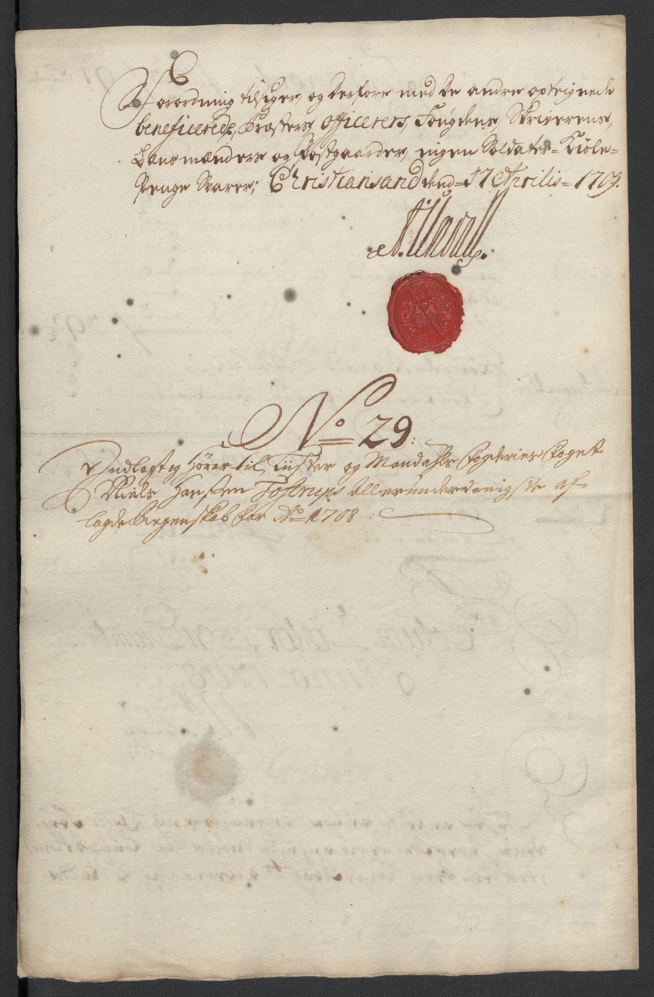 Rentekammeret inntil 1814, Reviderte regnskaper, Fogderegnskap, RA/EA-4092/R43/L2552: Fogderegnskap Lista og Mandal, 1705-1709, p. 159