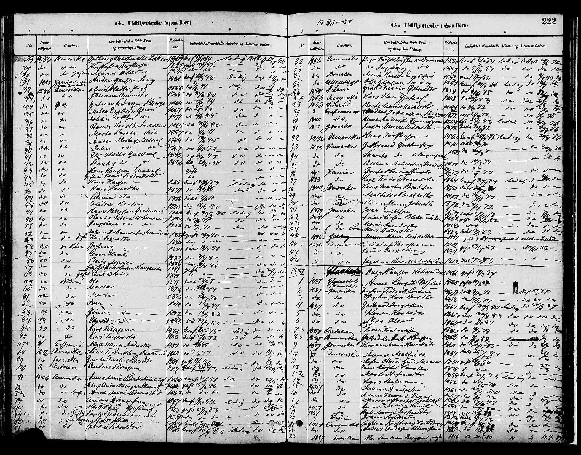 Gran prestekontor, SAH/PREST-112/H/Ha/Haa/L0014: Parish register (official) no. 14, 1880-1889, p. 222