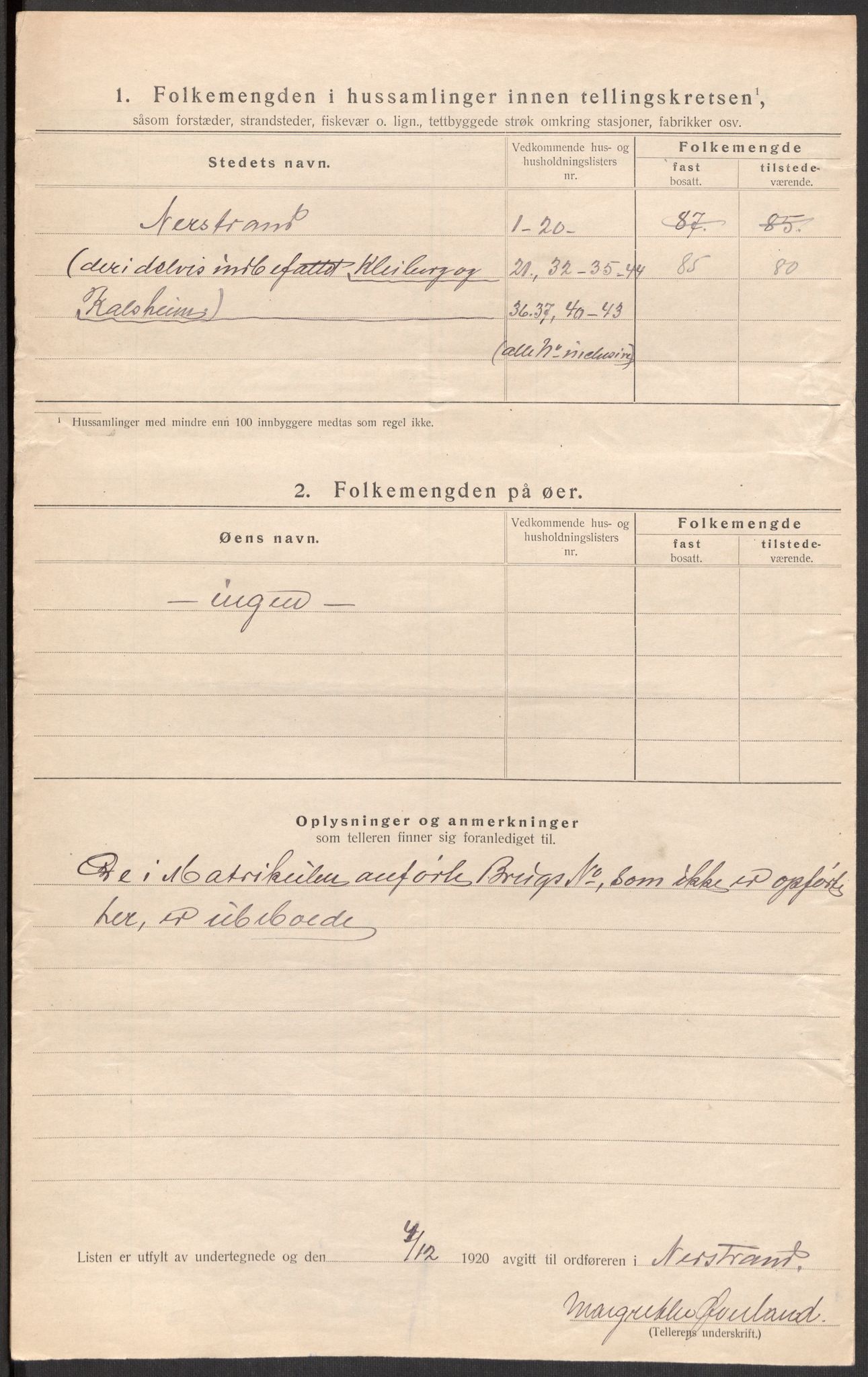 SAST, 1920 census for Nedstrand, 1920, p. 31