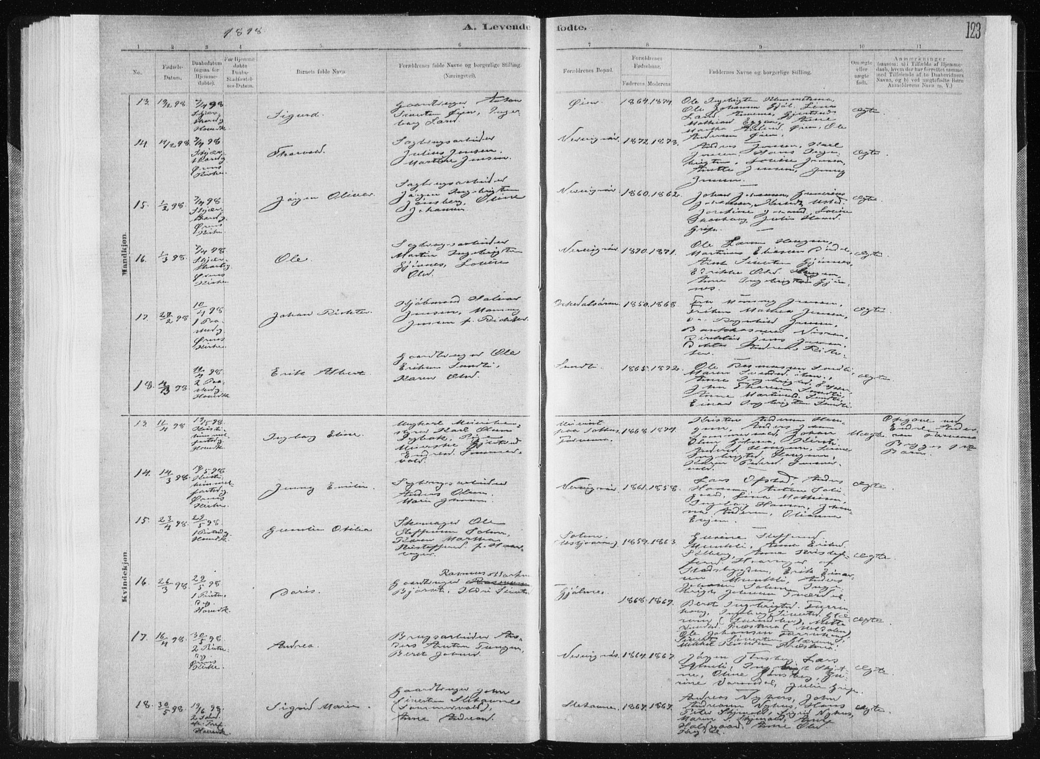 Ministerialprotokoller, klokkerbøker og fødselsregistre - Sør-Trøndelag, SAT/A-1456/668/L0818: Parish register (copy) no. 668C07, 1885-1898, p. 123