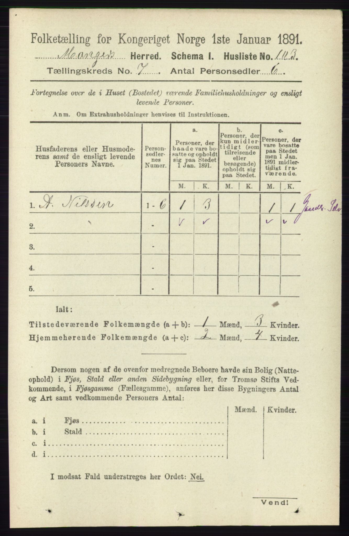 RA, 1891 census for 1261 Manger, 1891, p. 4349