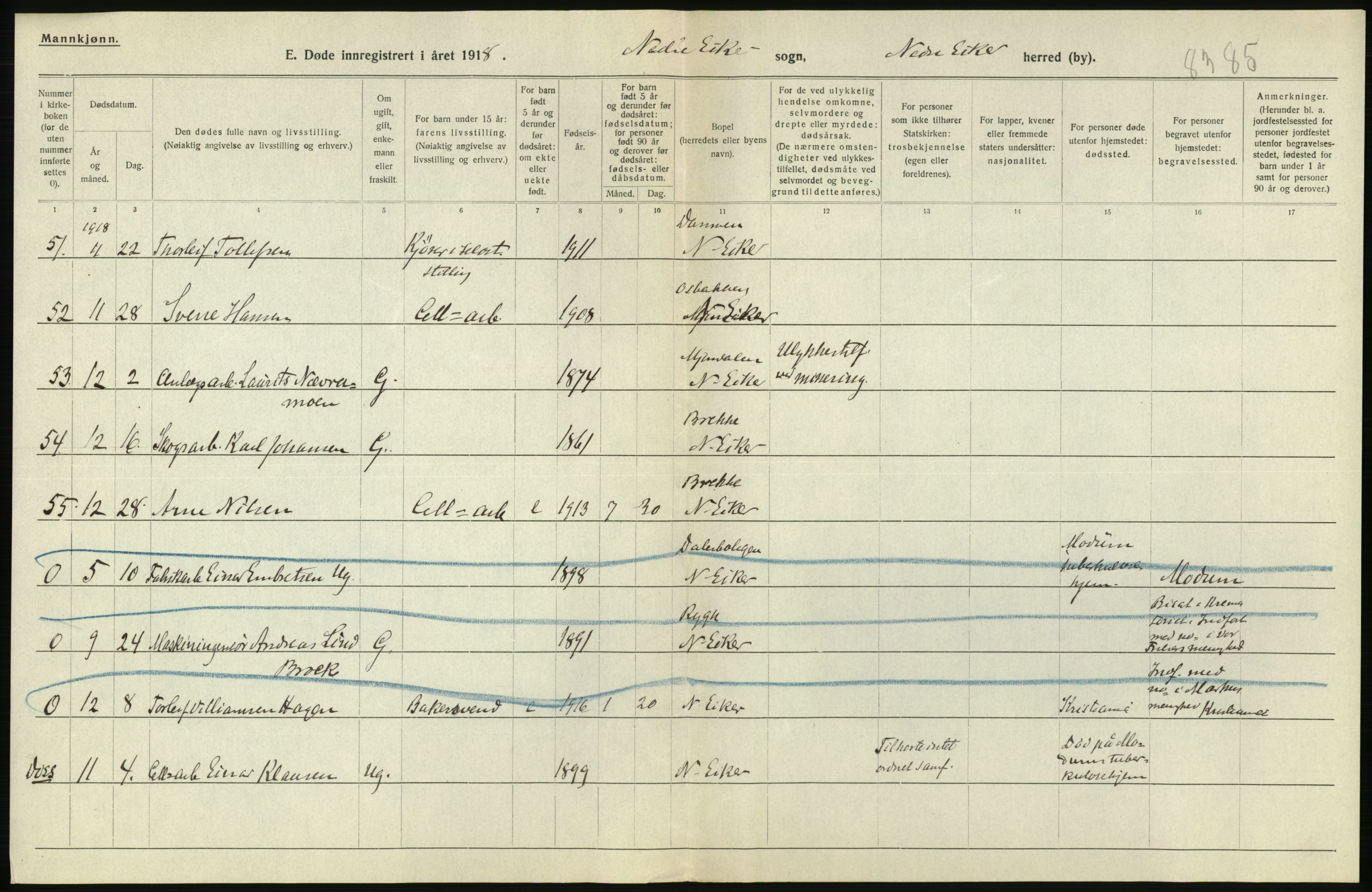 Statistisk sentralbyrå, Sosiodemografiske emner, Befolkning, AV/RA-S-2228/D/Df/Dfb/Dfbh/L0020: Buskerud fylke: Døde. Bygder og byer., 1918, p. 118