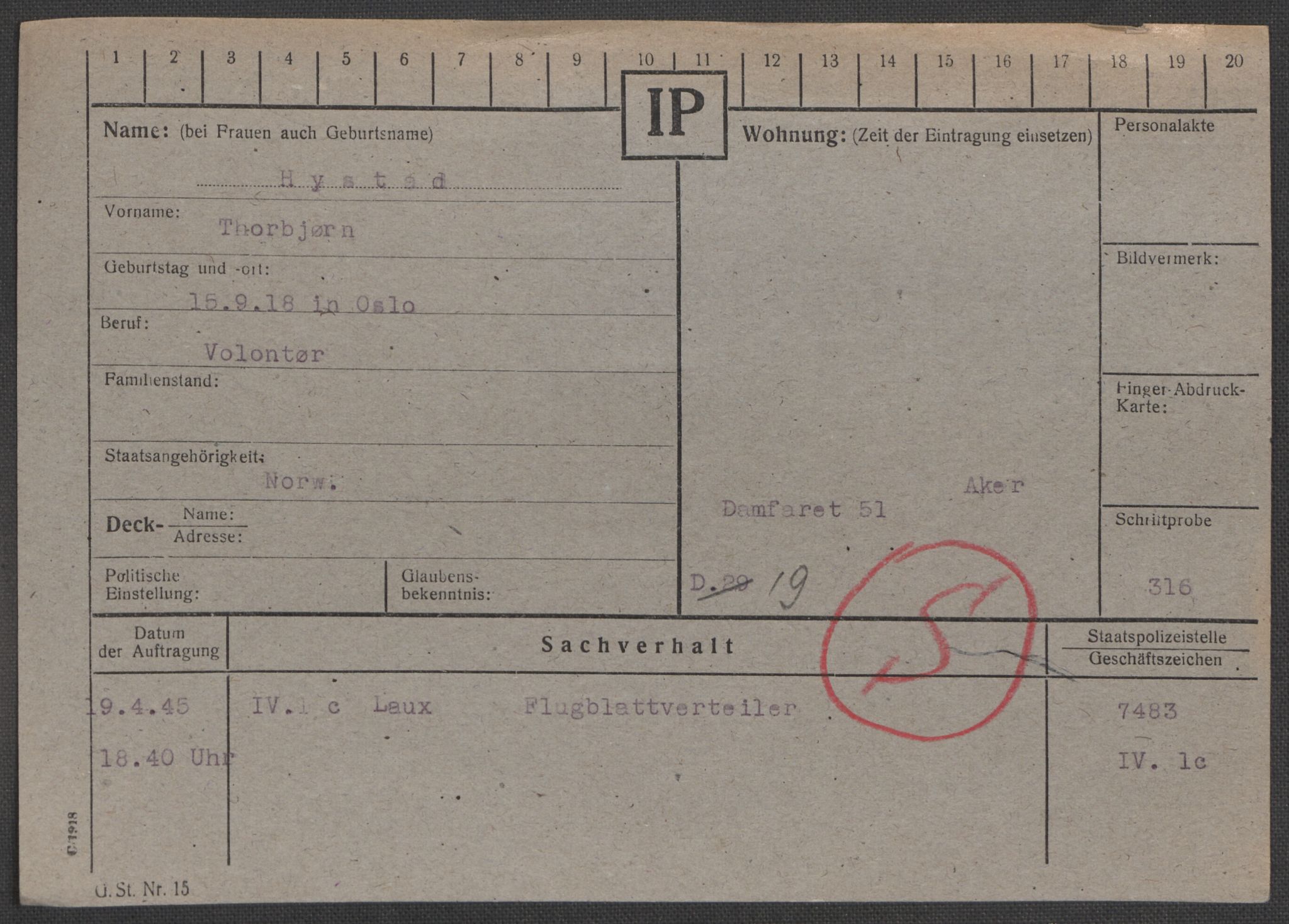 Befehlshaber der Sicherheitspolizei und des SD, AV/RA-RAFA-5969/E/Ea/Eaa/L0004: Register over norske fanger i Møllergata 19: Hal-Hæ, 1940-1945, p. 1479