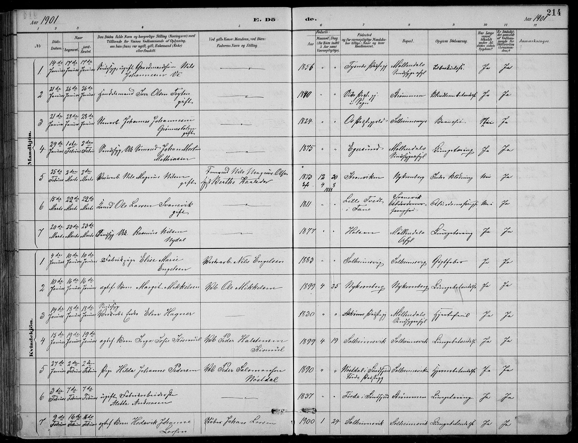 Årstad Sokneprestembete, SAB/A-79301/H/Hab/L0011: Parish register (copy) no. B 1, 1886-1901, p. 214