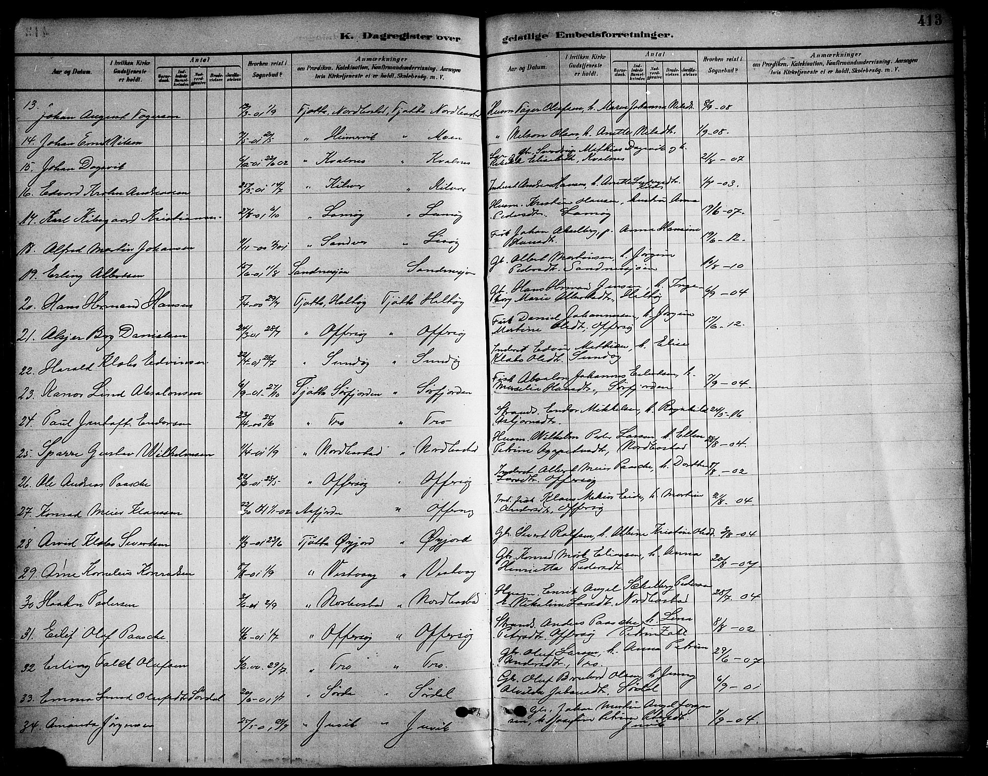 Ministerialprotokoller, klokkerbøker og fødselsregistre - Nordland, AV/SAT-A-1459/817/L0268: Parish register (copy) no. 817C03, 1884-1920, p. 413