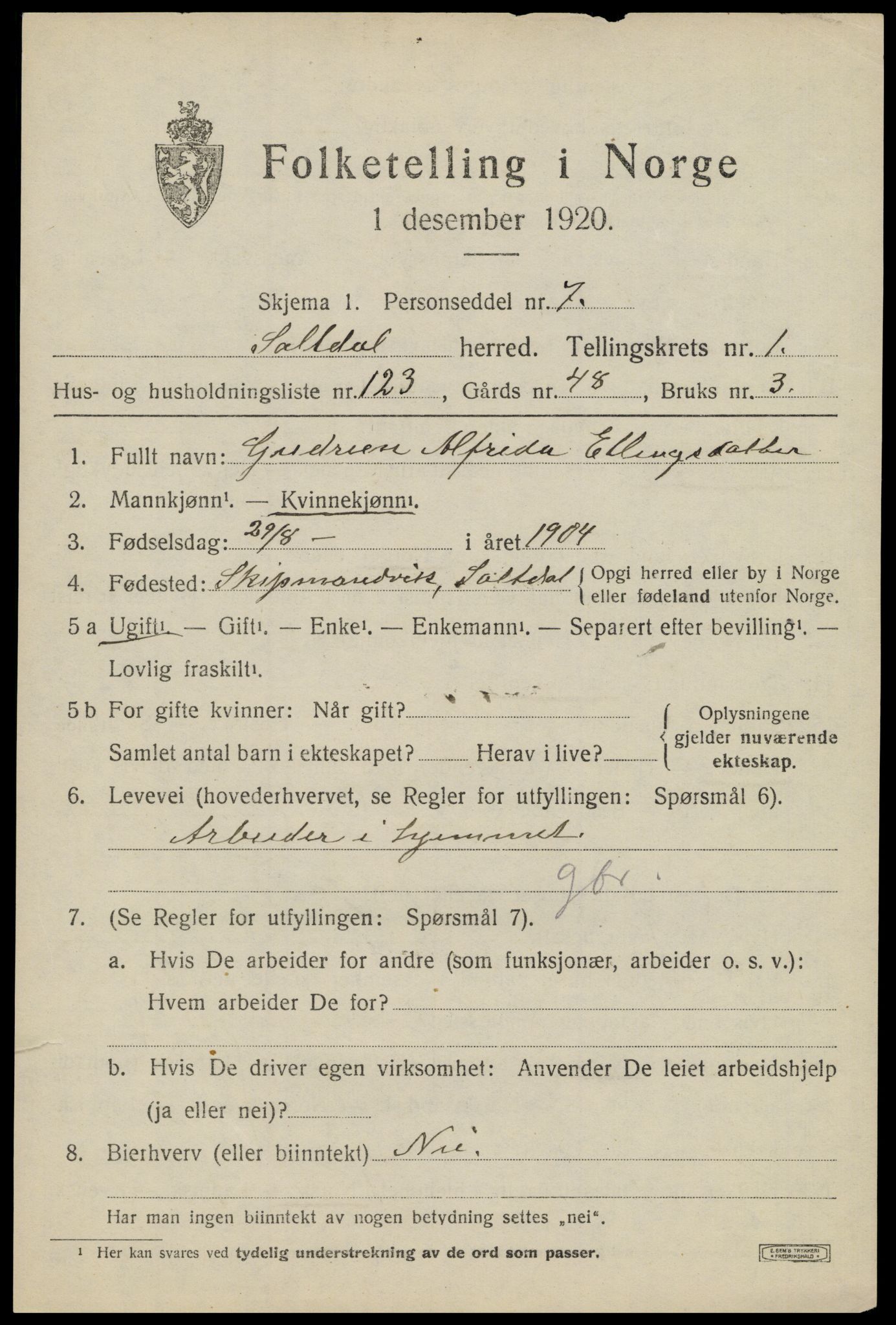 SAT, 1920 census for Saltdal, 1920, p. 2837