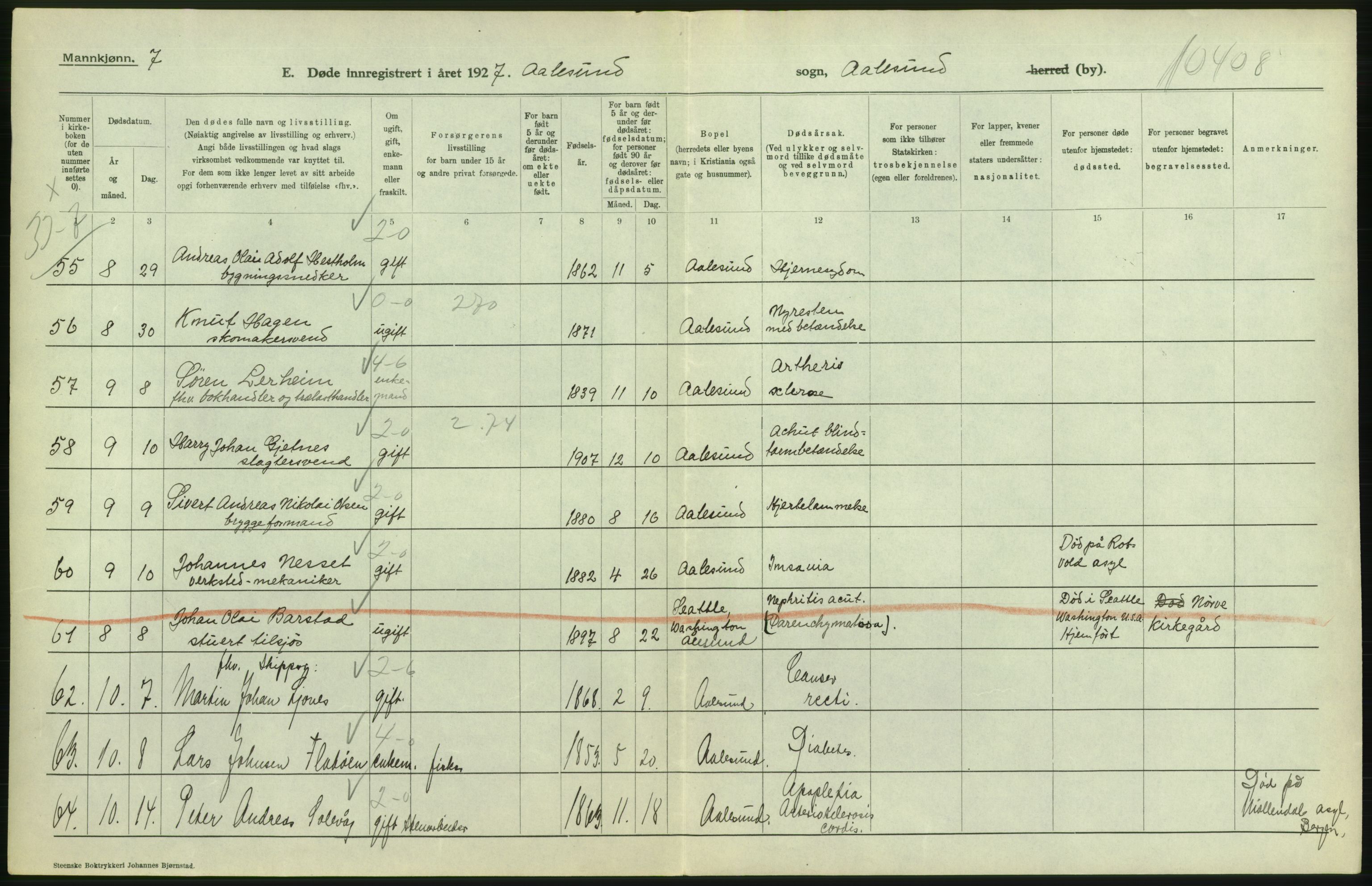 Statistisk sentralbyrå, Sosiodemografiske emner, Befolkning, AV/RA-S-2228/D/Df/Dfc/Dfcg/L0034: Møre fylke: Døde. Bygder og byer., 1927, p. 34