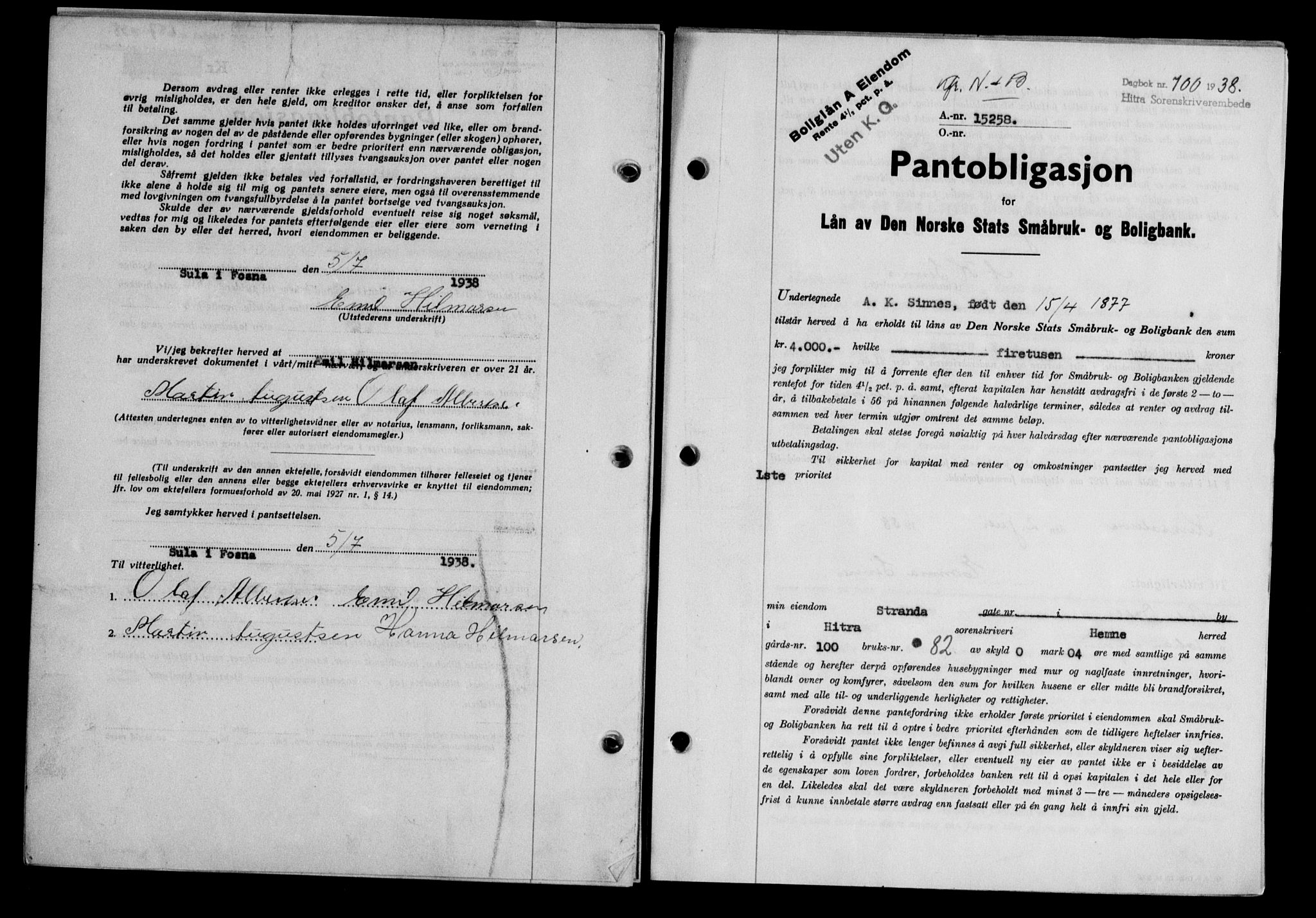 Hitra sorenskriveri, AV/SAT-A-0018/2/2C/2Ca/L0028: Mortgage book no. B-1, 1936-1939, Diary no: : 700/1938