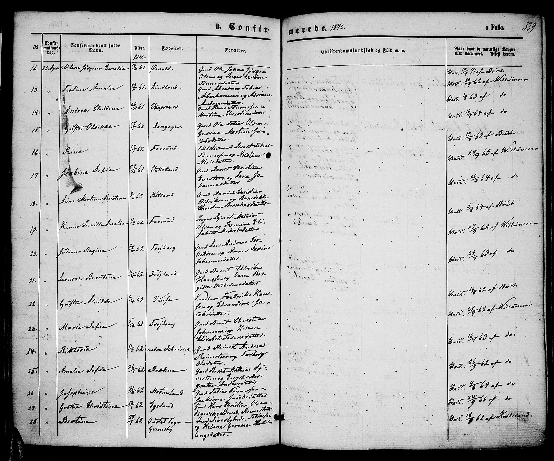 Lista sokneprestkontor, AV/SAK-1111-0027/F/Fb/L0003: Parish register (copy) no. B 3, 1862-1877, p. 339