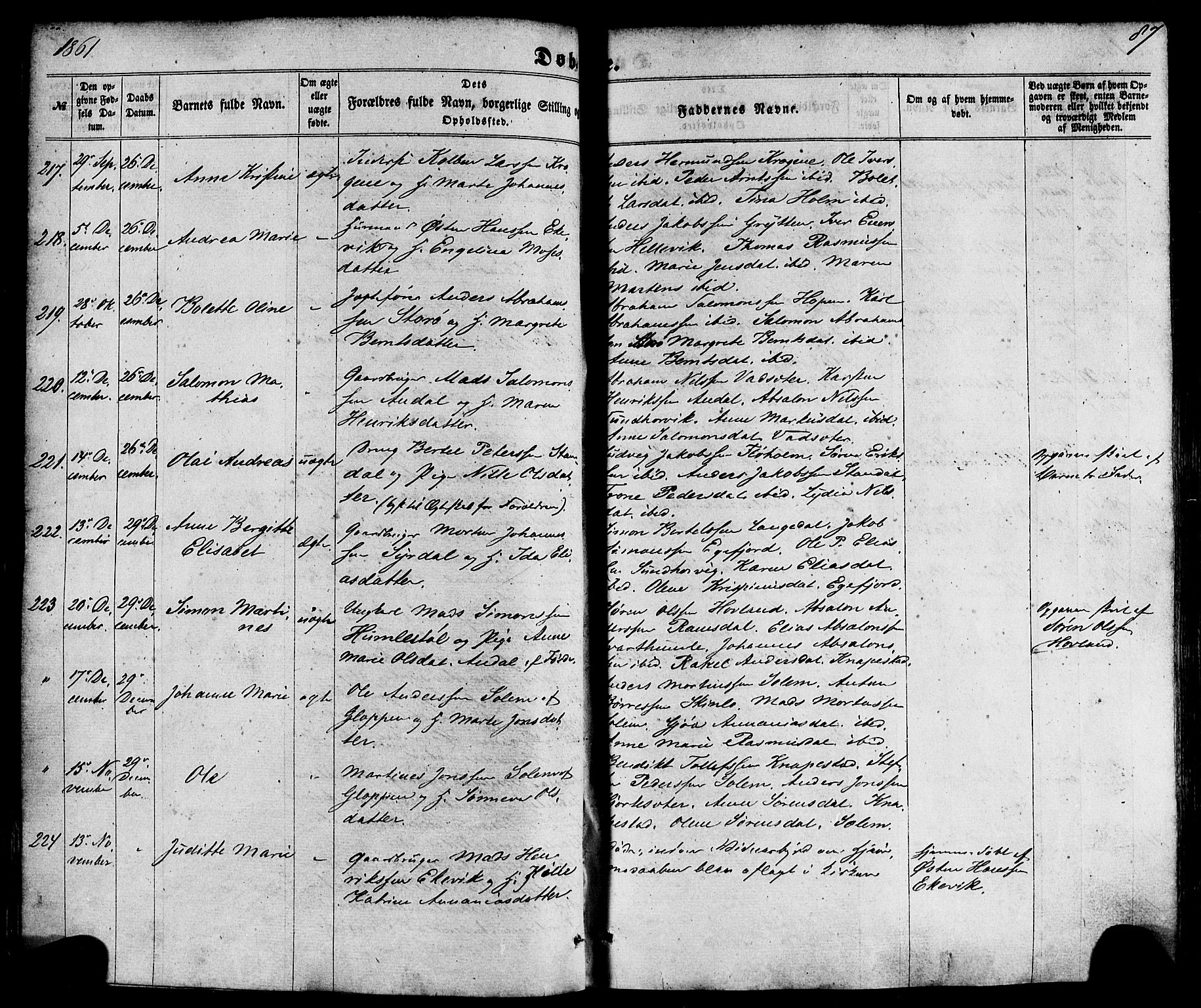 Kinn sokneprestembete, SAB/A-80801/H/Haa/Haaa/L0006: Parish register (official) no. A 6, 1857-1885, p. 87