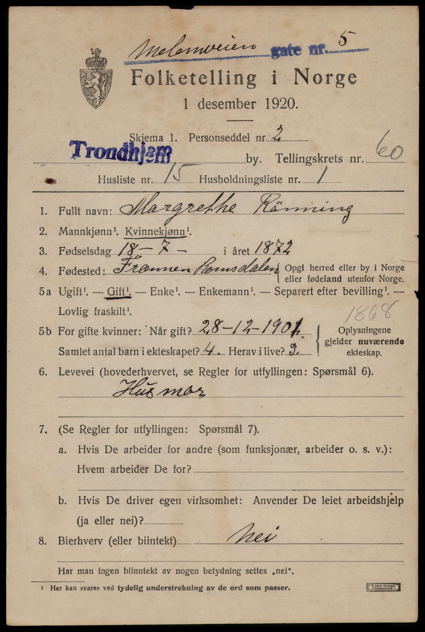 SAT, 1920 census for Trondheim, 1920, p. 122236