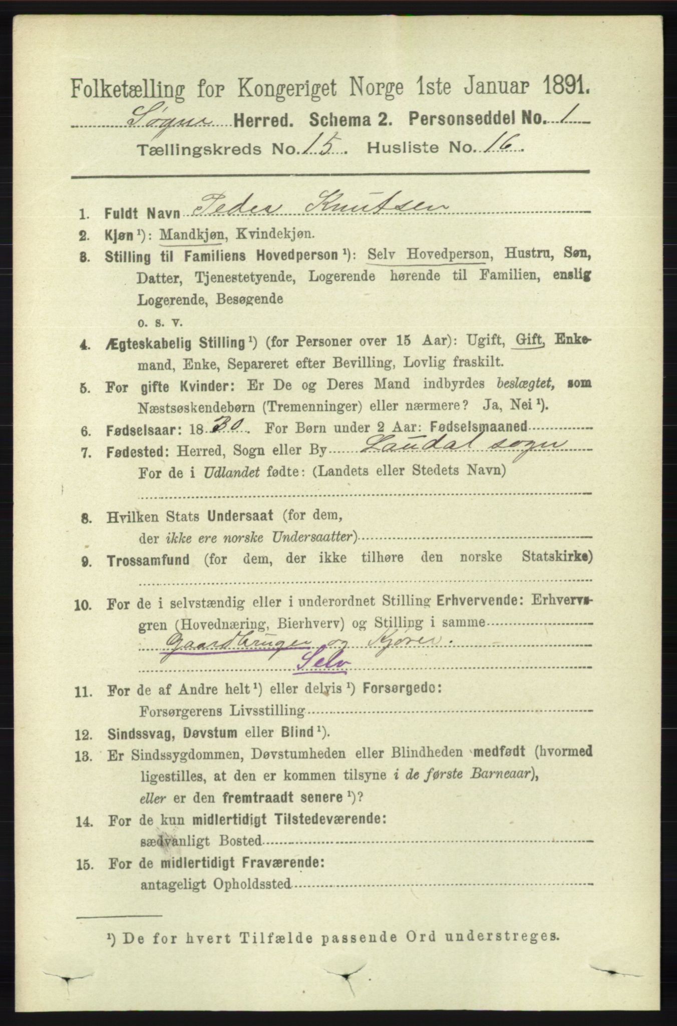 RA, 1891 census for 1018 Søgne, 1891, p. 3966