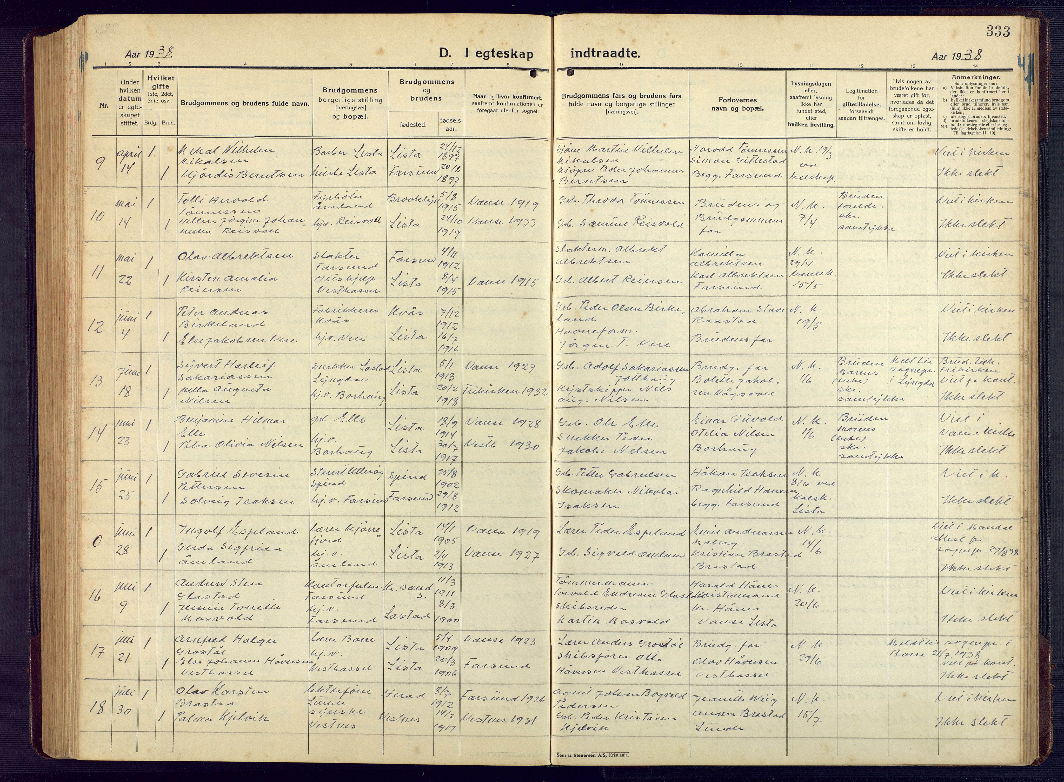 Lista sokneprestkontor, AV/SAK-1111-0027/F/Fb/L0006: Parish register (copy) no. B 6, 1924-1947, p. 333