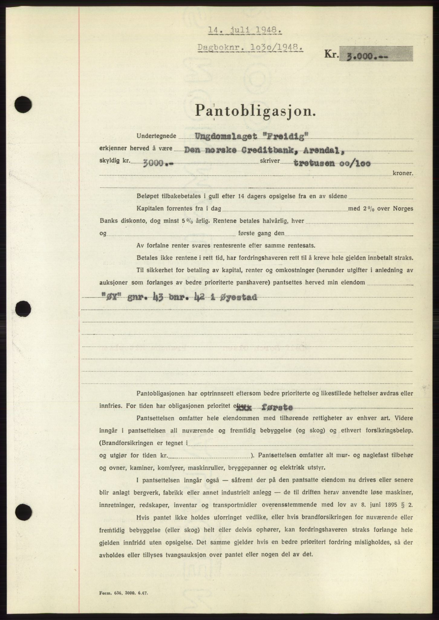 Nedenes sorenskriveri, AV/SAK-1221-0006/G/Gb/Gbb/L0005: Mortgage book no. B5, 1948-1948, Diary no: : 1030/1948