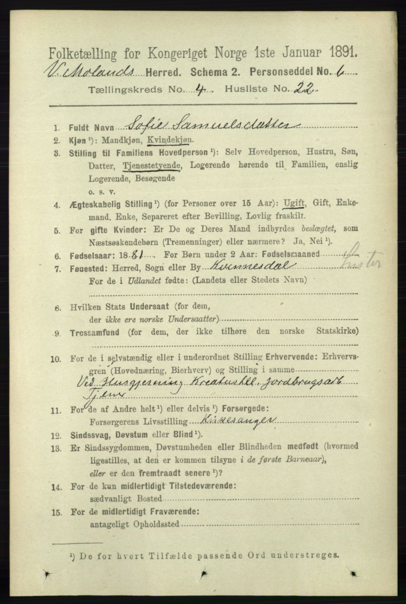 RA, 1891 census for 0926 Vestre Moland, 1891, p. 1369