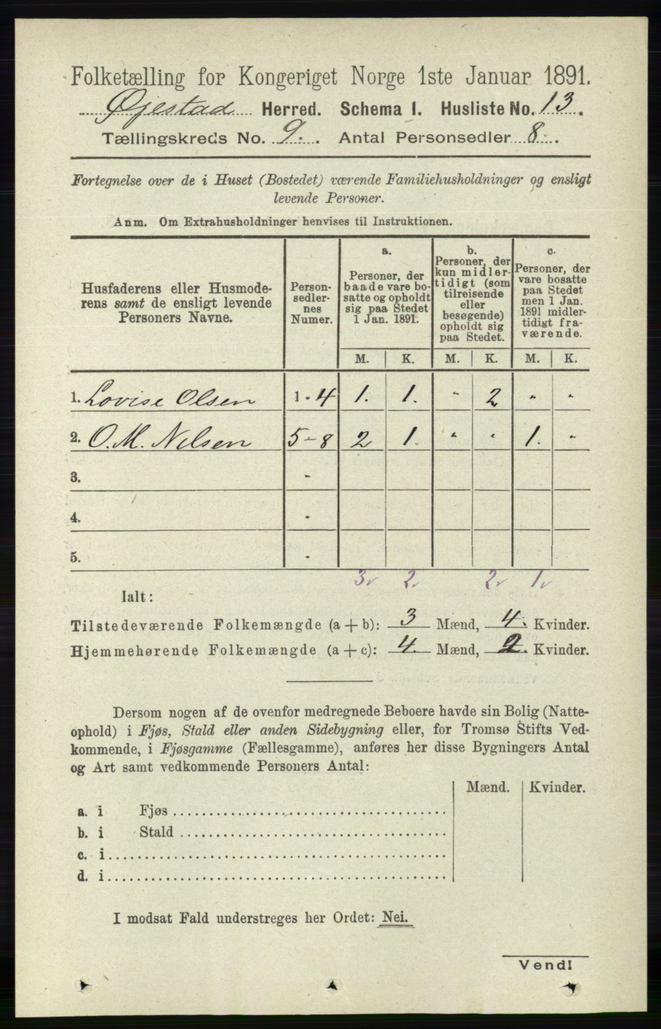 RA, 1891 census for 0920 Øyestad, 1891, p. 3484