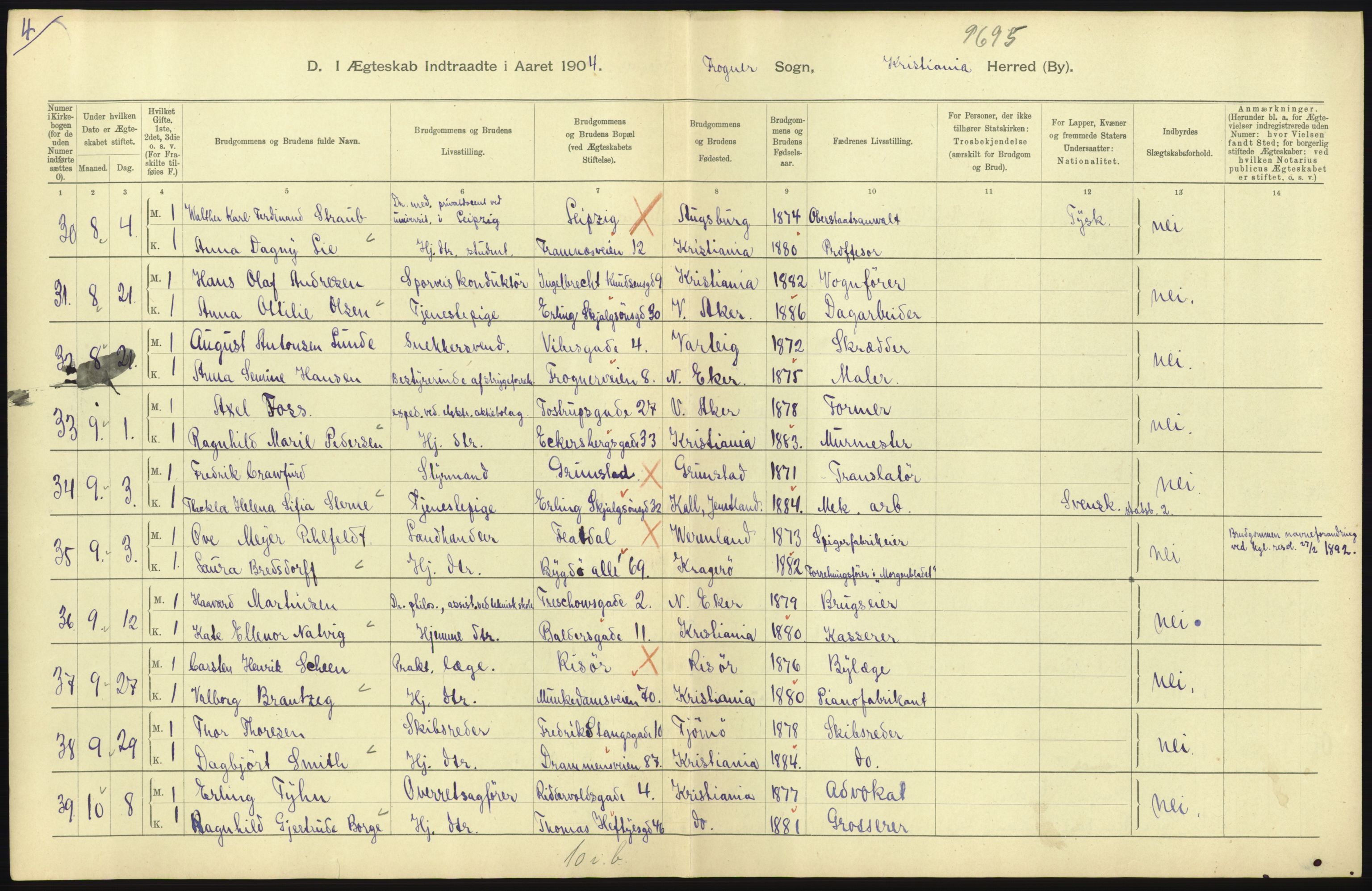 Statistisk sentralbyrå, Sosiodemografiske emner, Befolkning, RA/S-2228/D/Df/Dfa/Dfab/L0004: Kristiania: Gifte, døde, 1904, p. 223